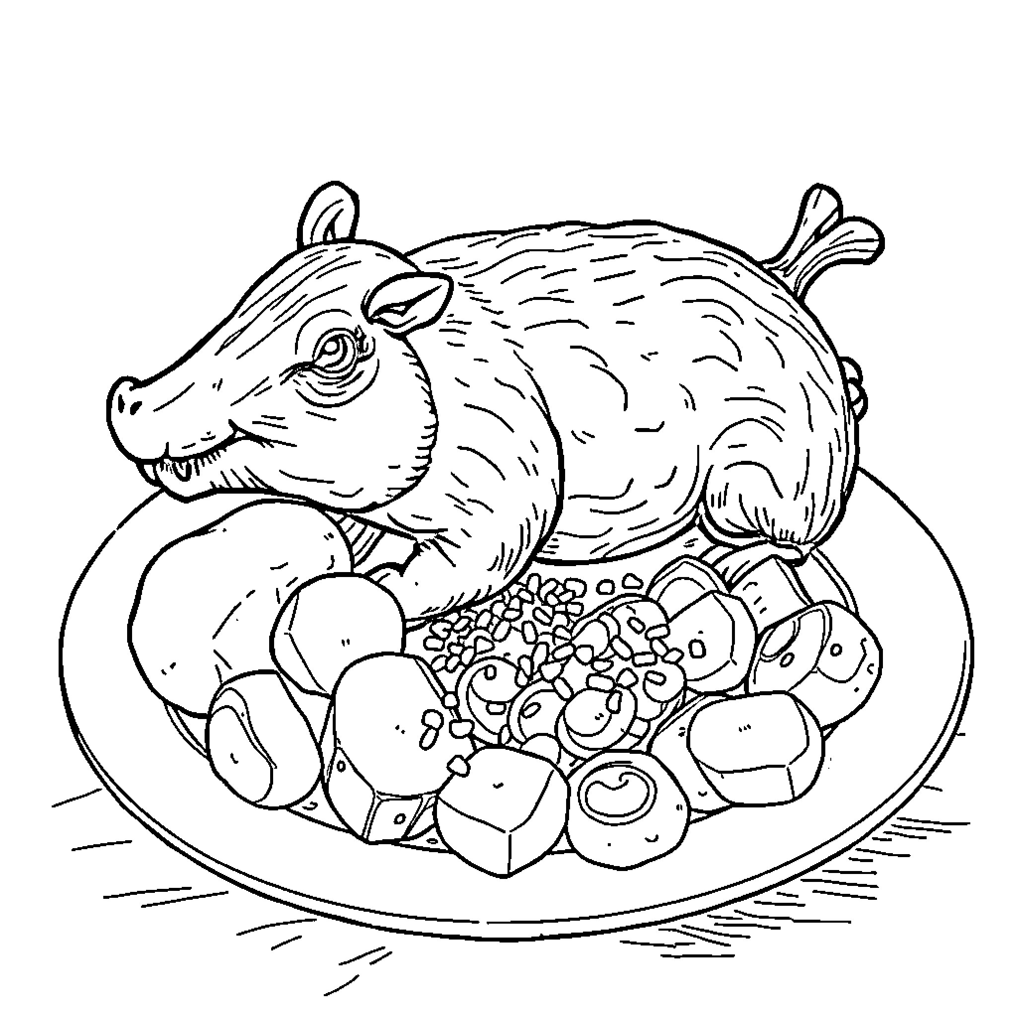 Cuy enjoying a plate of potatoes and vegetables Coloring Page (free black-and-white line drawing printable PDF for all, from beginners to advanced learners, including children, teens, adults, and seniors)