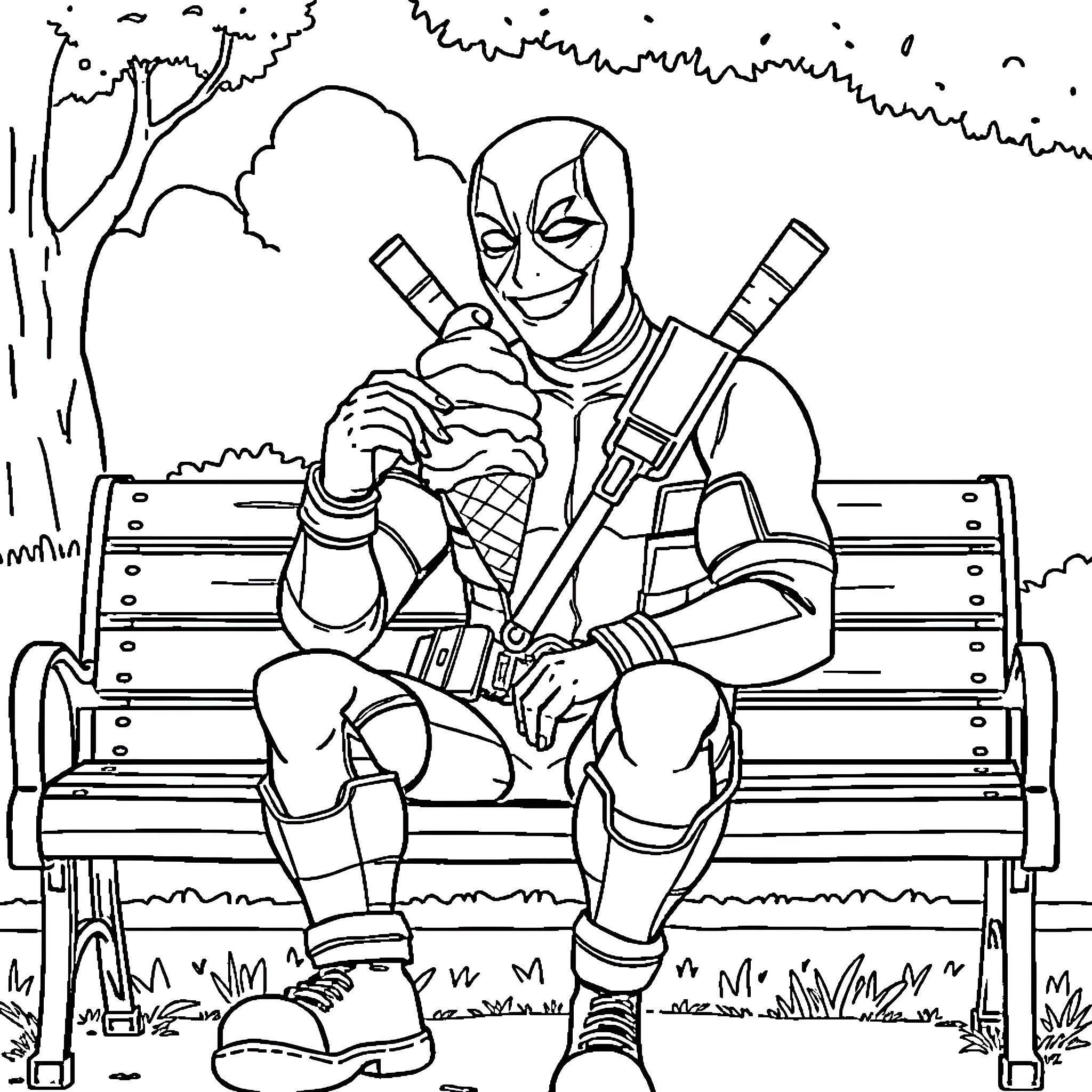 Deadpool resting on a park bench Coloring Page (free black-and-white line drawing printable PDF for all, from beginners to advanced learners, including children, teens, adults, and seniors)