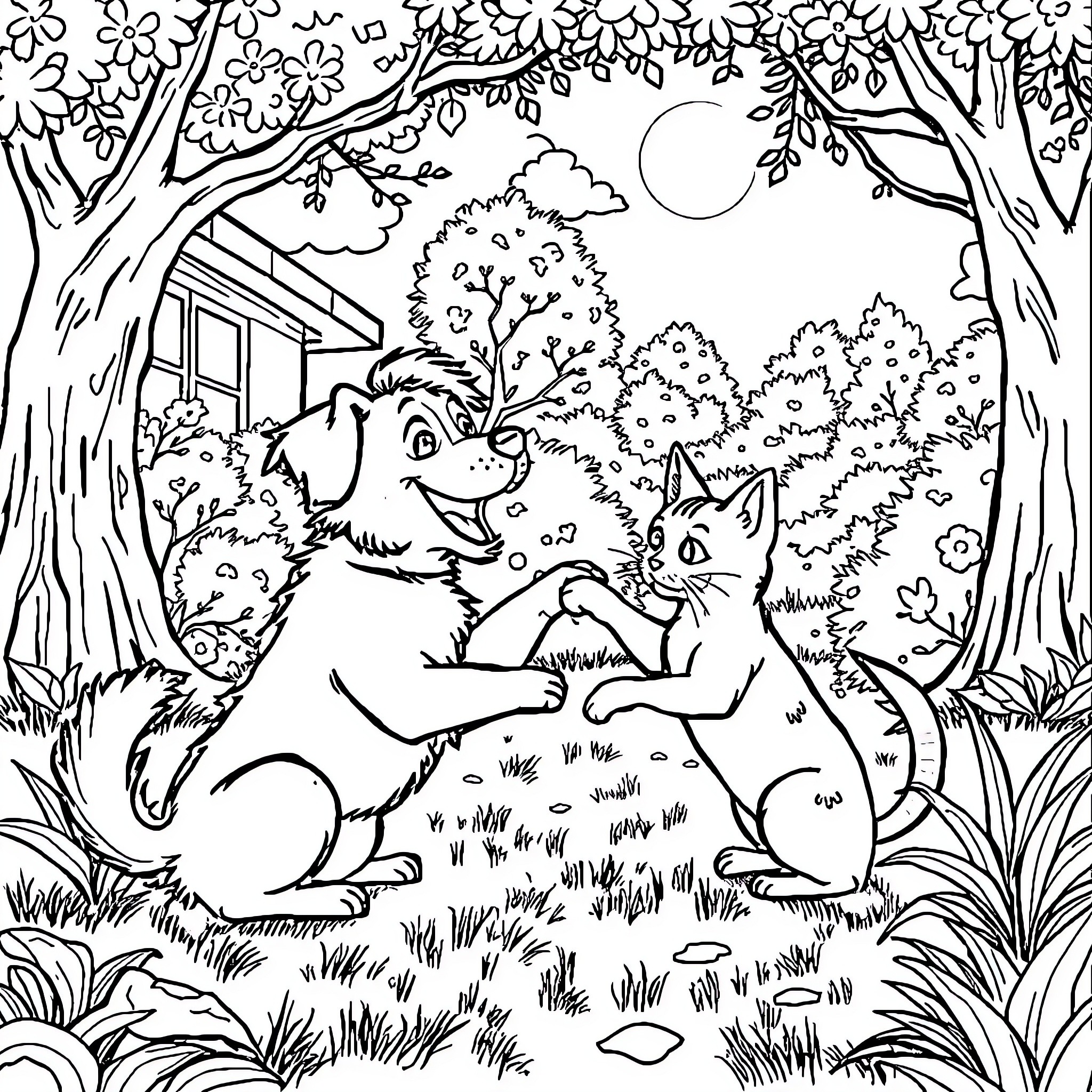 Dogs playing in the forest Coloring Page (free black-and-white line drawing printable PDF for all, from beginners to advanced learners, including children, teens, adults, and seniors)