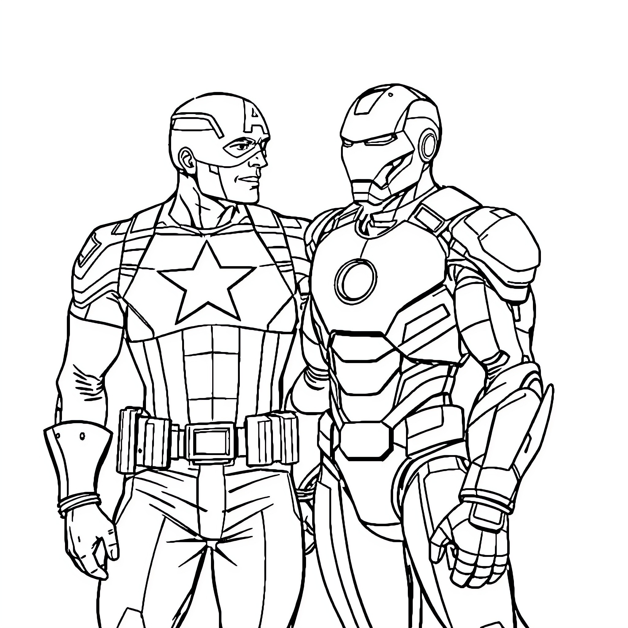 Captain America and Iron Man in Action Coloring Page (free black-and-white line drawing printable PDF for all, from beginners to advanced learners, including children, teens, adults, and seniors)