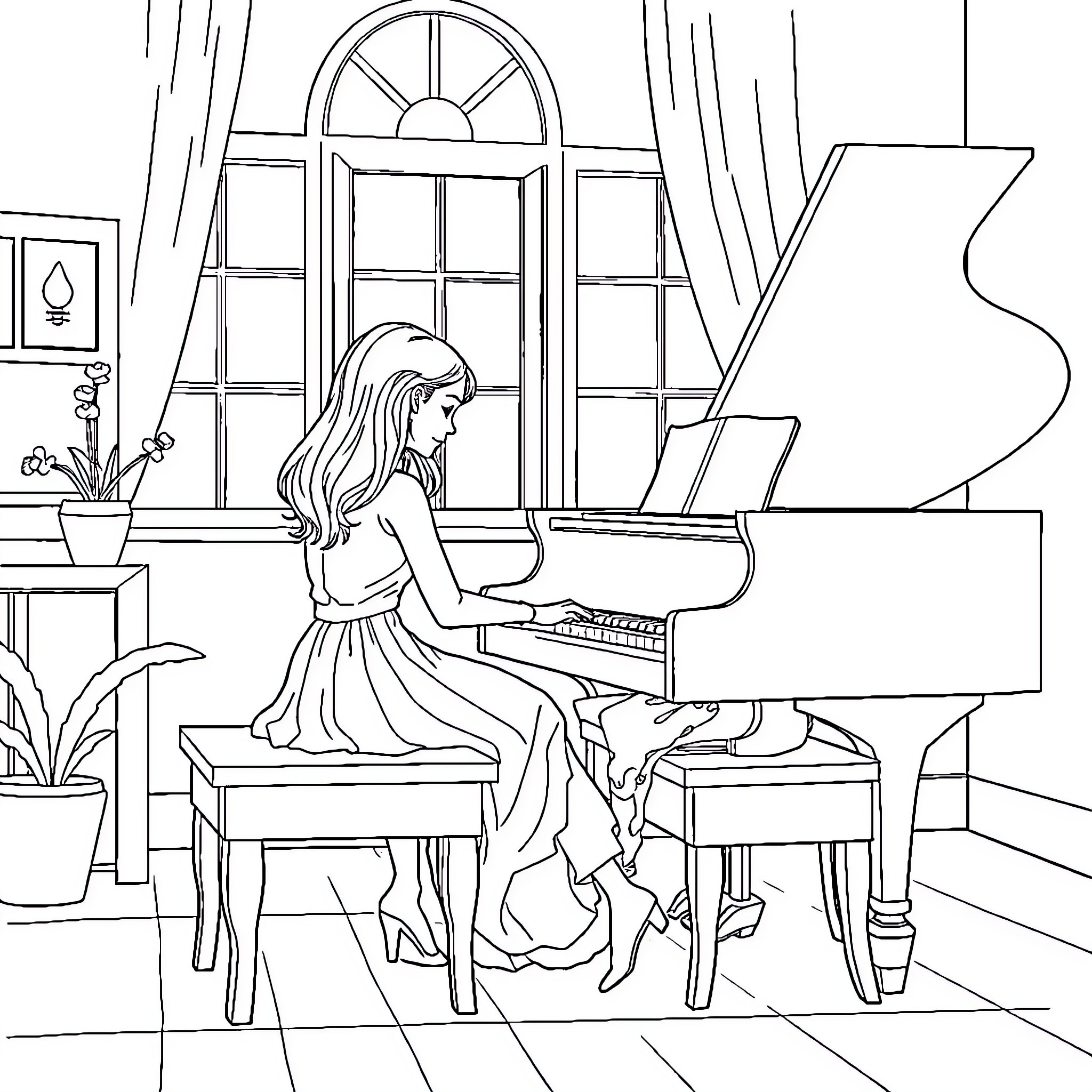 Young Lady Plays Piano in Elegant Room Coloring Page (free black-and-white line drawing printable PDF for all, from beginners to advanced learners, including children, teens, adults, and seniors)