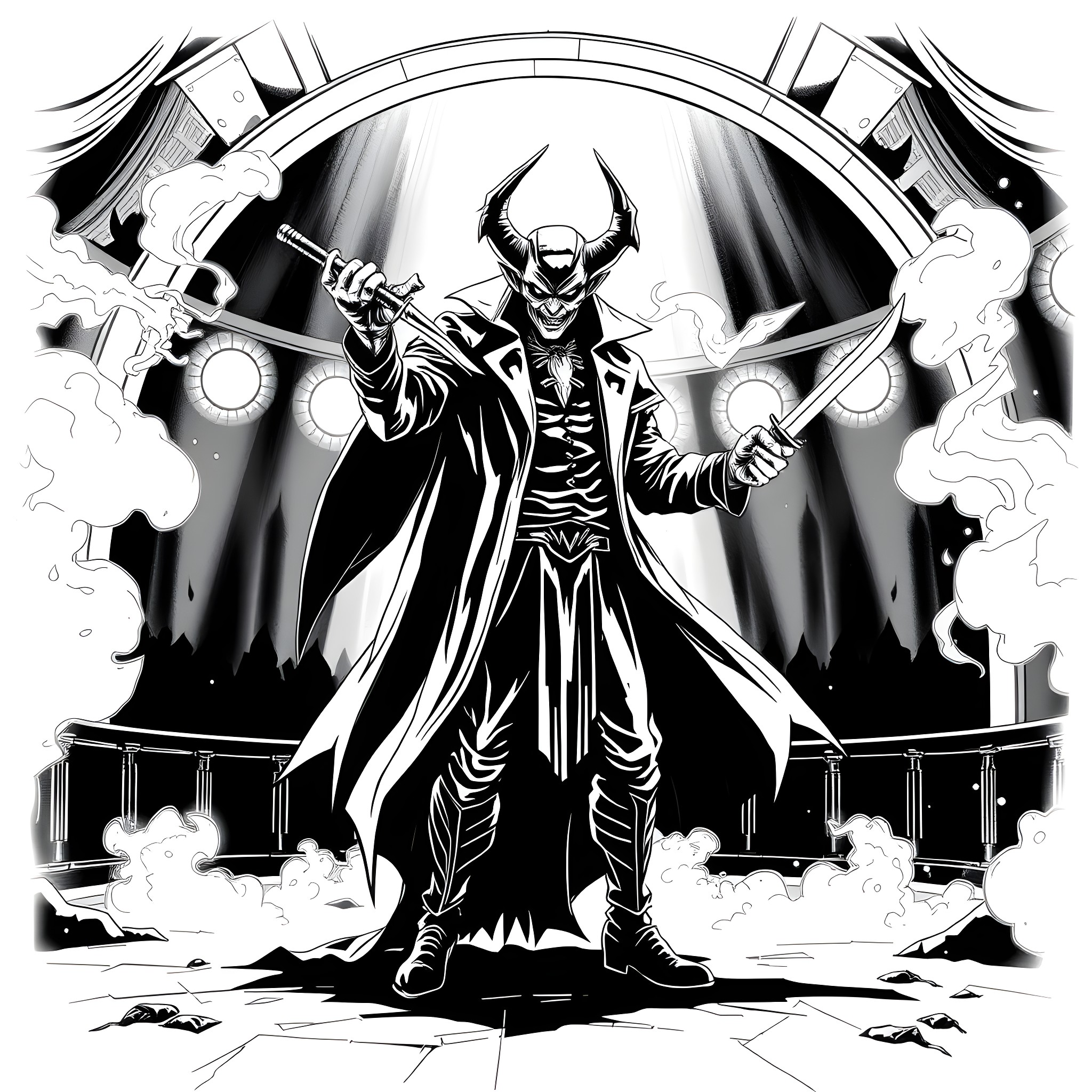 Trickster's Theatrical Triumph Coloring Page (free black-and-white line drawing printable PDF for all, from beginners to advanced learners, including children, teens, adults, and seniors)