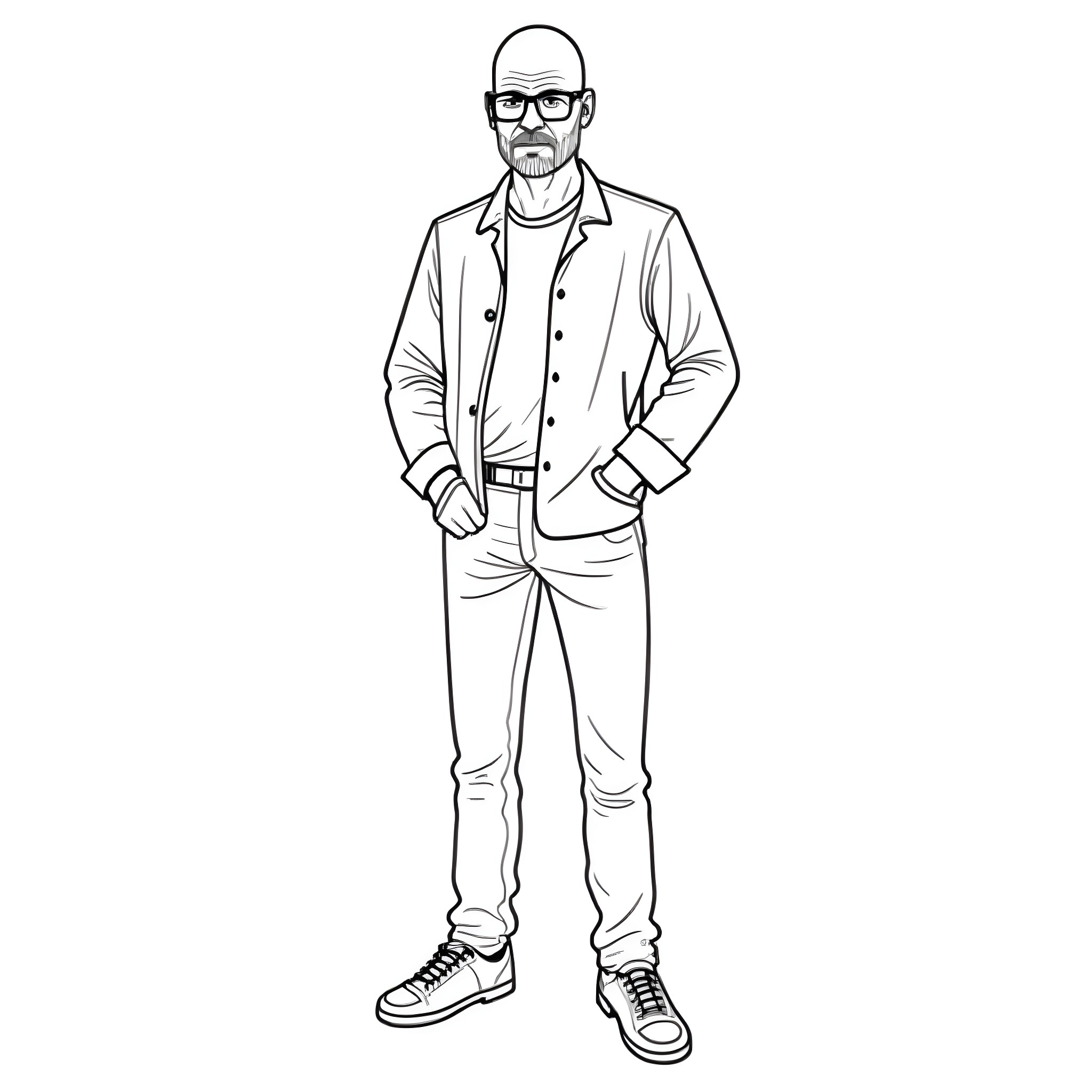 Walter White in a casual stance with glasses Coloring Page (free black-and-white line drawing printable PDF for all, from beginners to advanced learners, including children, teens, adults, and seniors)