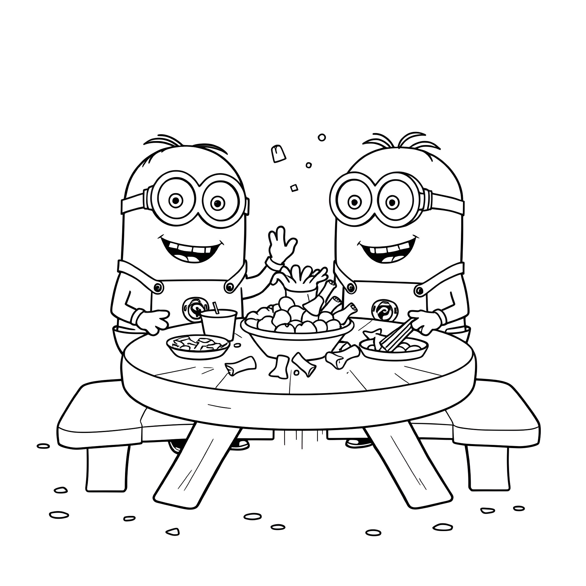 Minions enjoying a tasty snack together Coloring Page (free black-and-white line drawing printable PDF for all, from beginners to advanced learners, including children, teens, adults, and seniors)