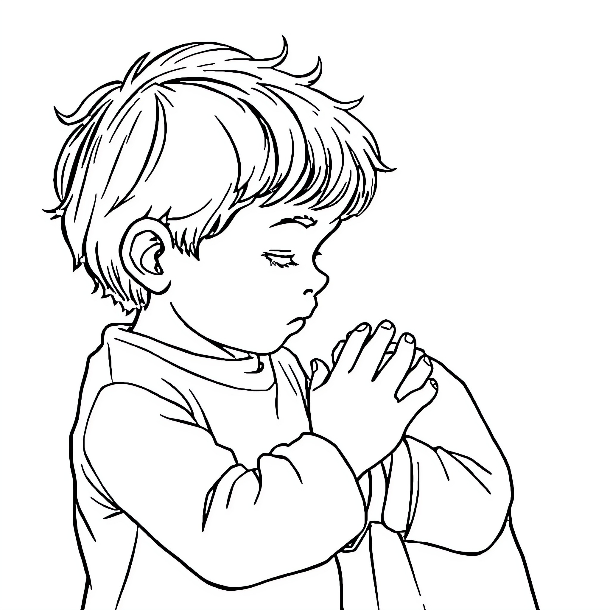 Niño contemplating thoughtfully Coloring Page (free black-and-white line drawing printable PDF for all, from beginners to advanced learners, including children, teens, adults, and seniors)