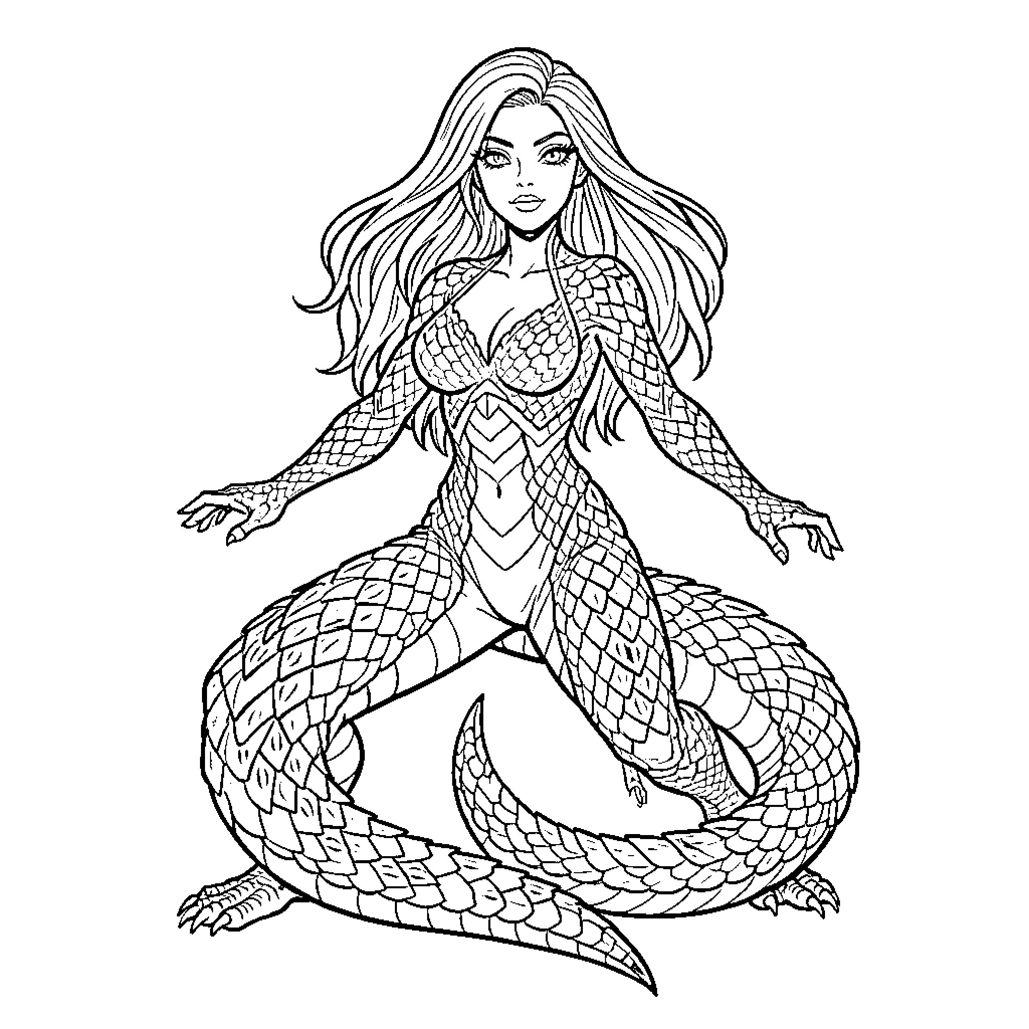 Lizard Woman in Majestic Pose Coloring Page (free black-and-white line drawing printable PDF for all, from beginners to advanced learners, including children, teens, adults, and seniors)