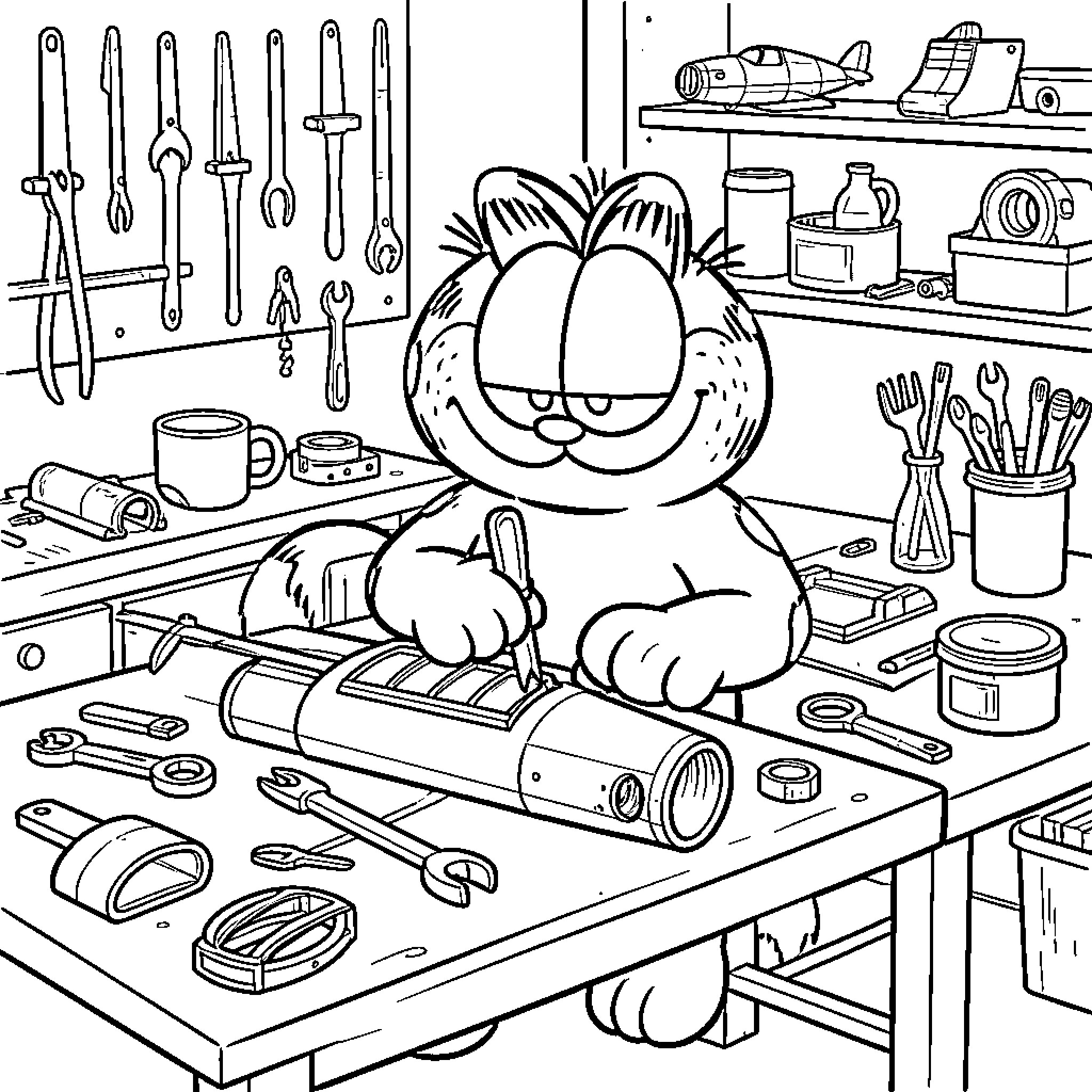 Garfield working with various tools in a workshop Coloring Page (free black-and-white line drawing printable PDF for all, from beginners to advanced learners, including children, teens, adults, and seniors)