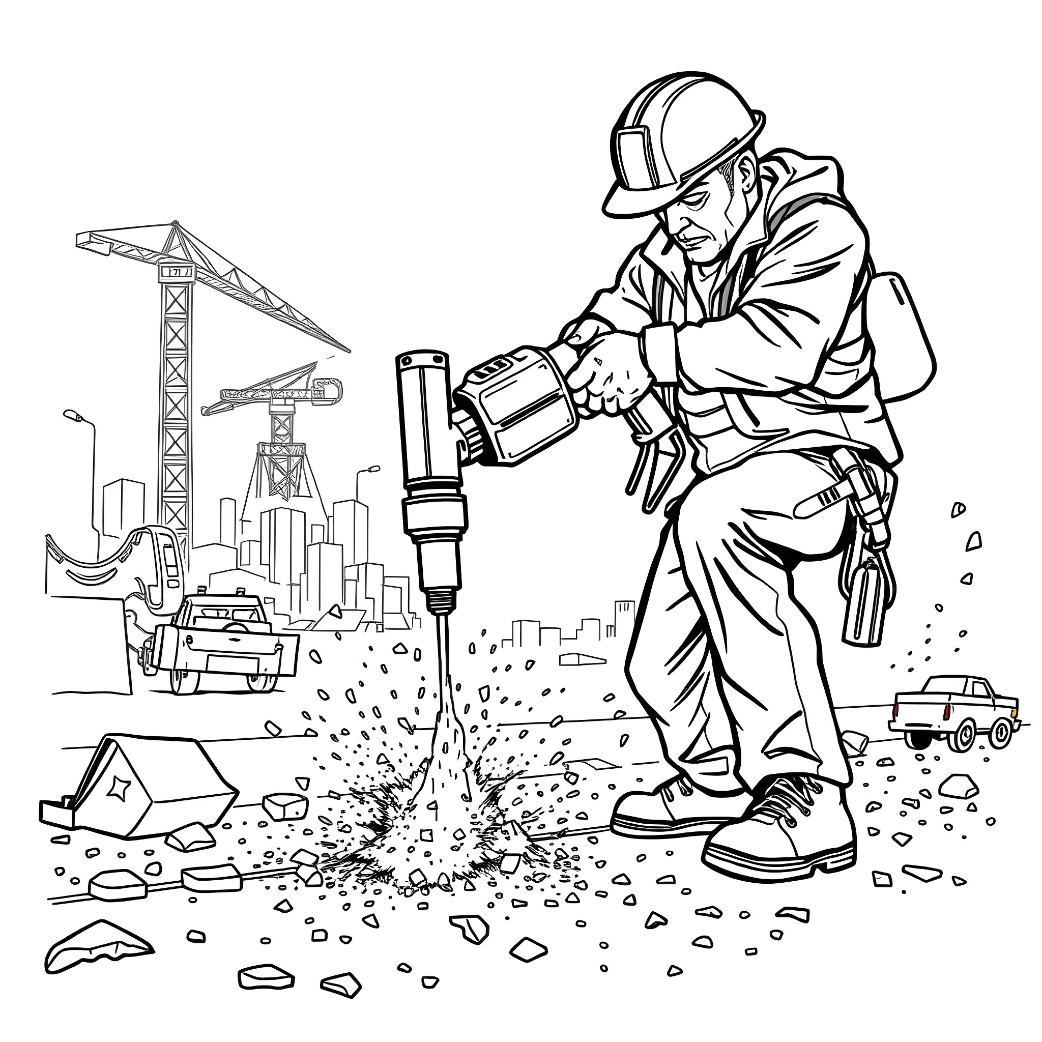 Worker drilling a hole on construction site Coloring Page (free black-and-white line drawing printable PDF for all, from beginners to advanced learners, including children, teens, adults, and seniors)