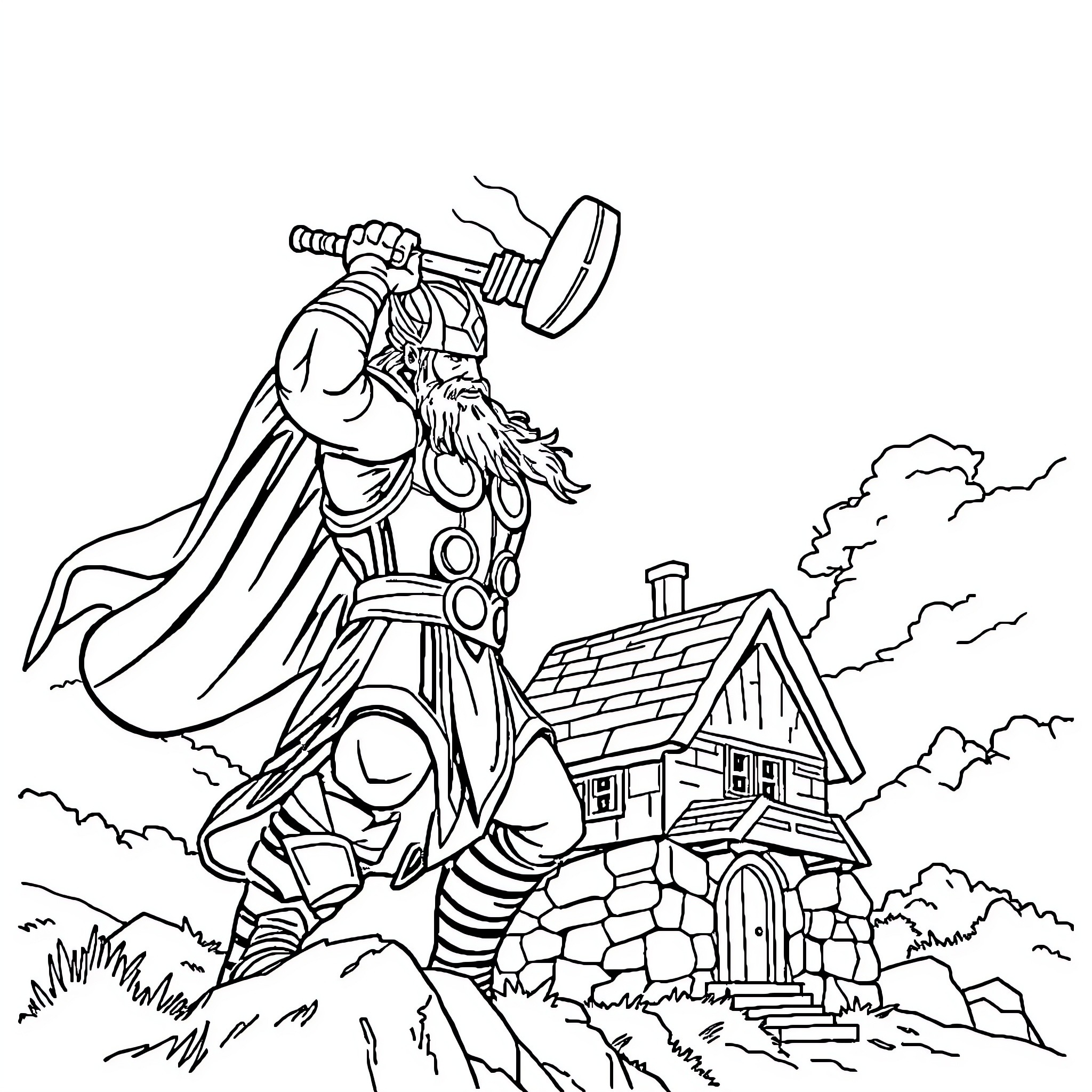Thor Wielding Mighty Hammer in Rustic Landscape Coloring Page (free black-and-white line drawing printable PDF for all, from beginners to advanced learners, including children, teens, adults, and seniors)