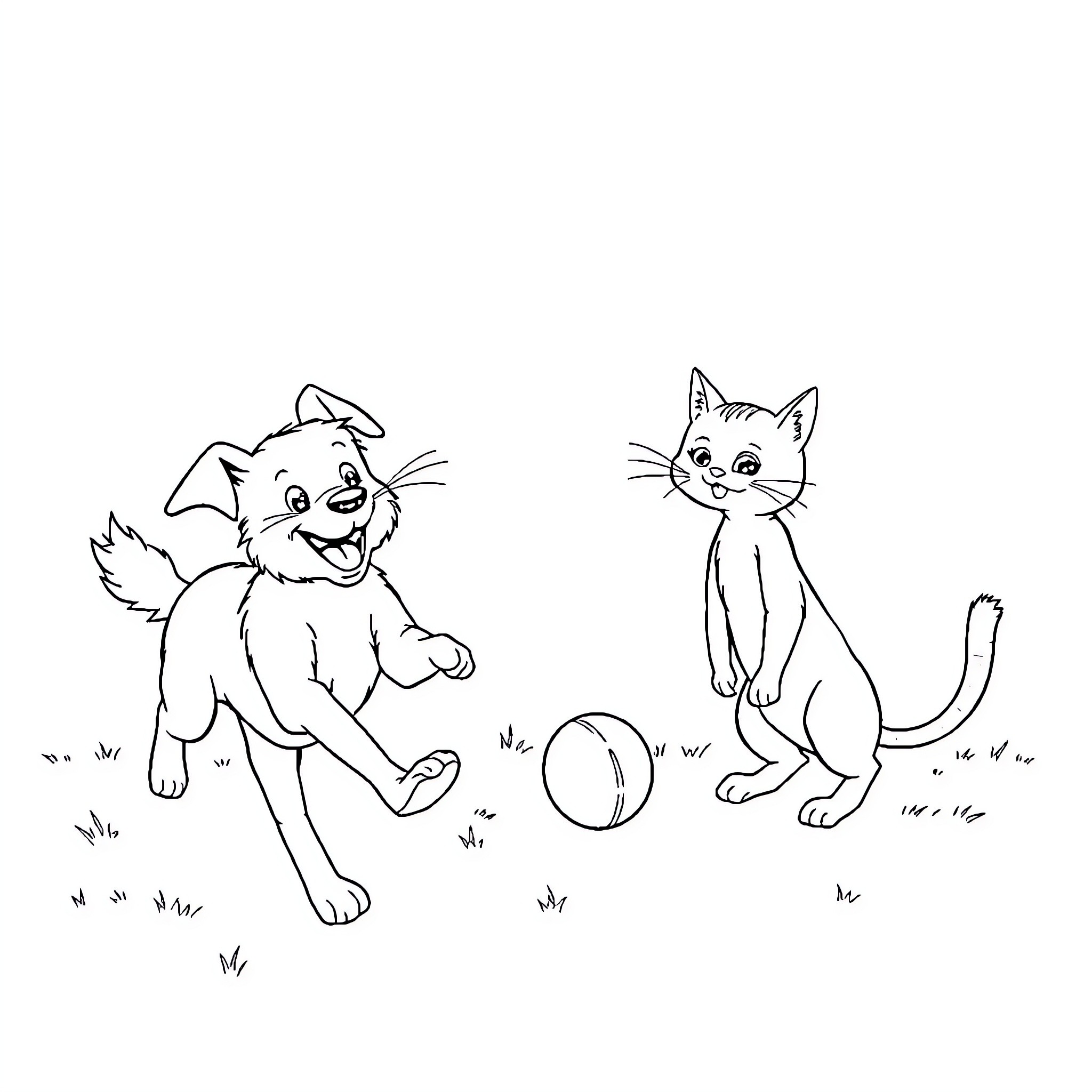 Dog and cat playing with a ball Coloring Page (free black-and-white line drawing printable PDF for all, from beginners to advanced learners, including children, teens, adults, and seniors)