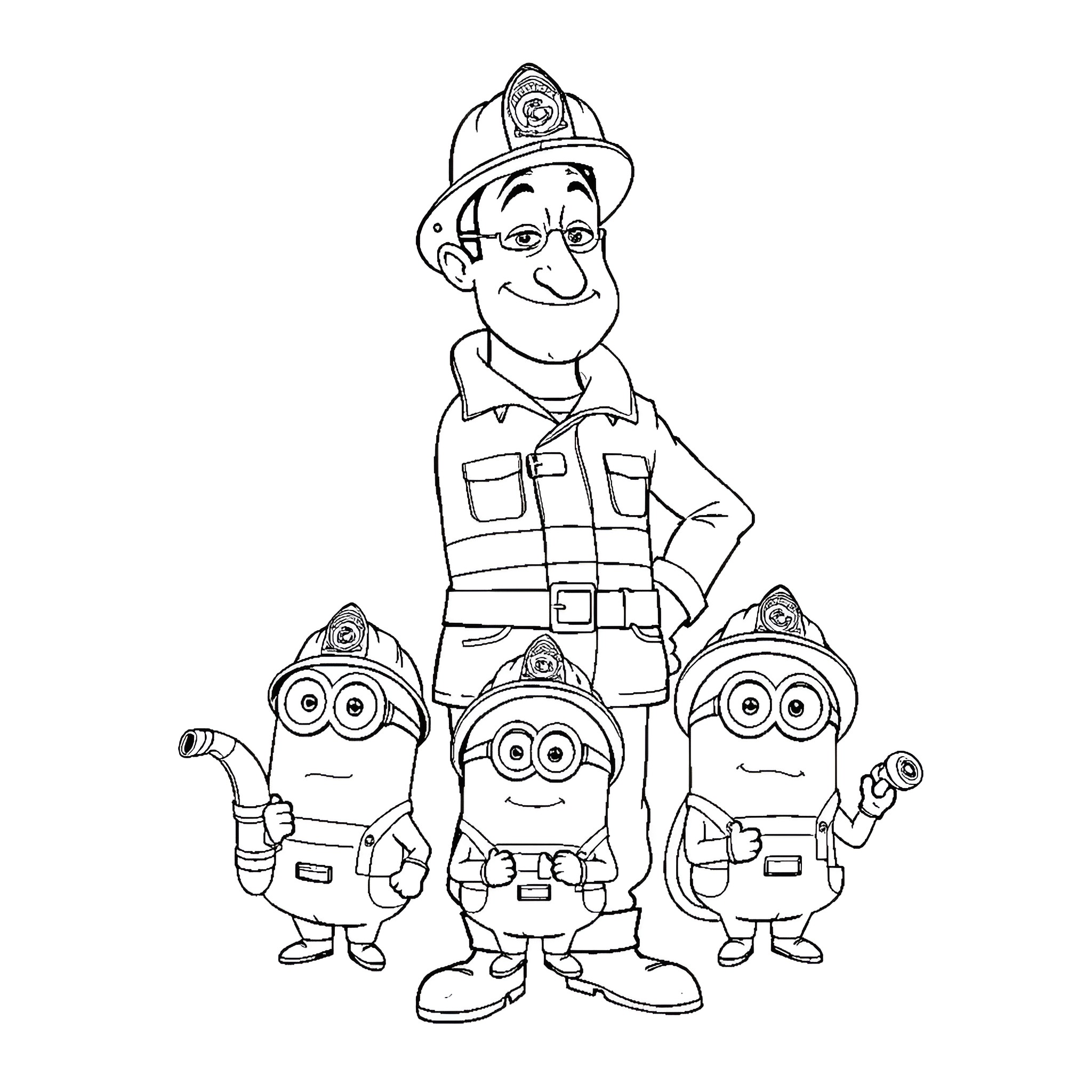 Gru and his Minions in Firefighter Outfits Coloring Page (free black-and-white line drawing printable PDF for all, from beginners to advanced learners, including children, teens, adults, and seniors)