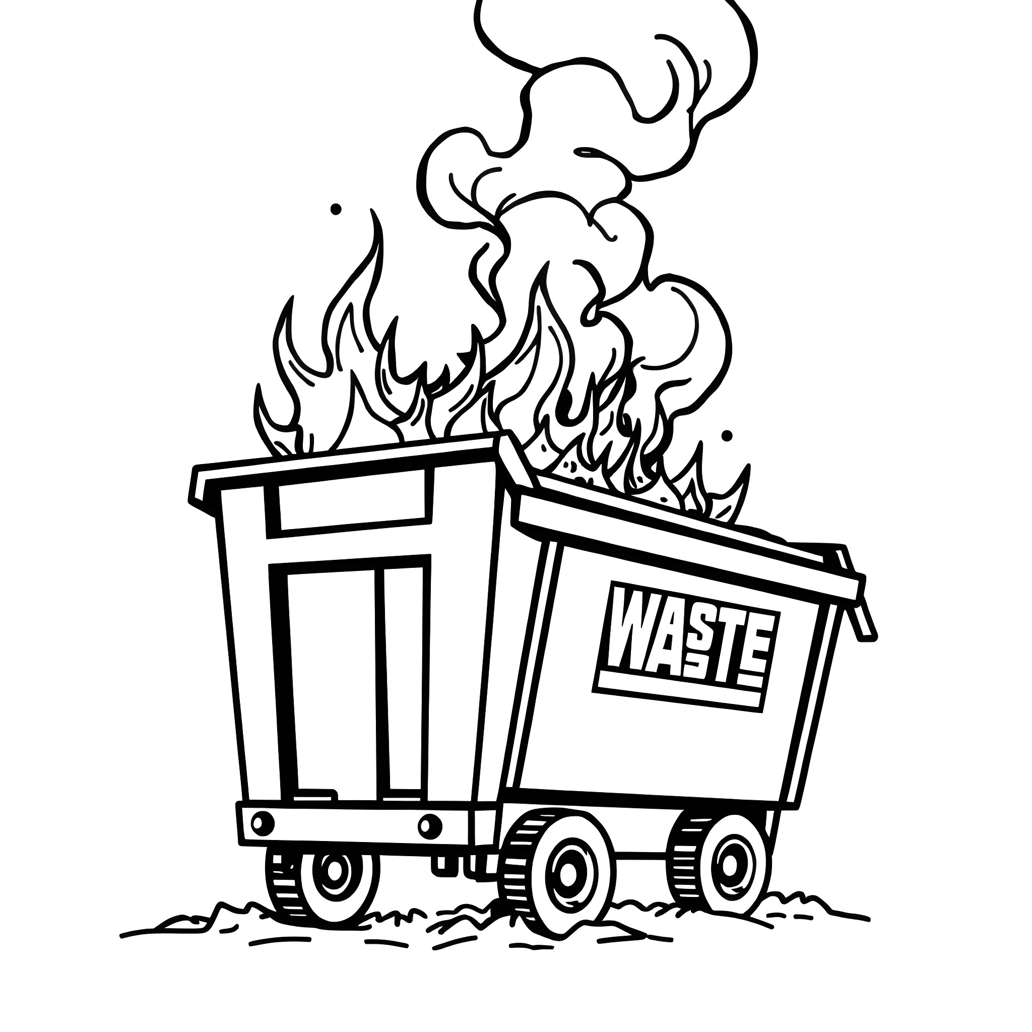 Dumpster on fire with burning waste Coloring Page (free black-and-white line drawing printable PDF for all, from beginners to advanced learners, including children, teens, adults, and seniors)