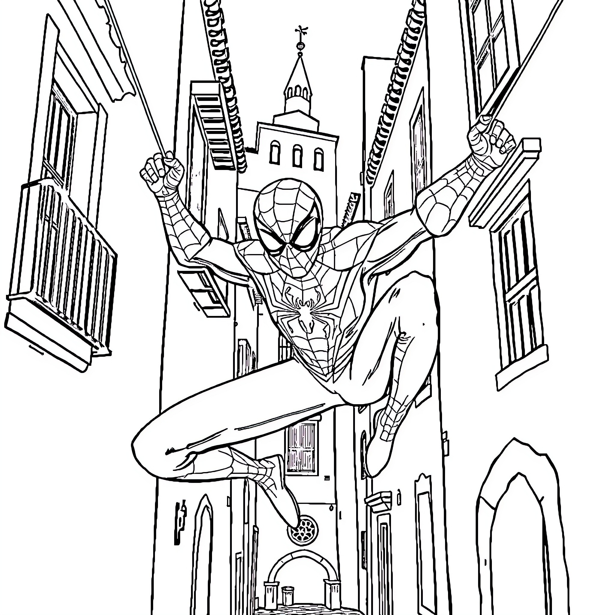 Spider-Man swinging through the city streets Coloring Page (free black-and-white line drawing printable PDF for all, from beginners to advanced learners, including children, teens, adults, and seniors)