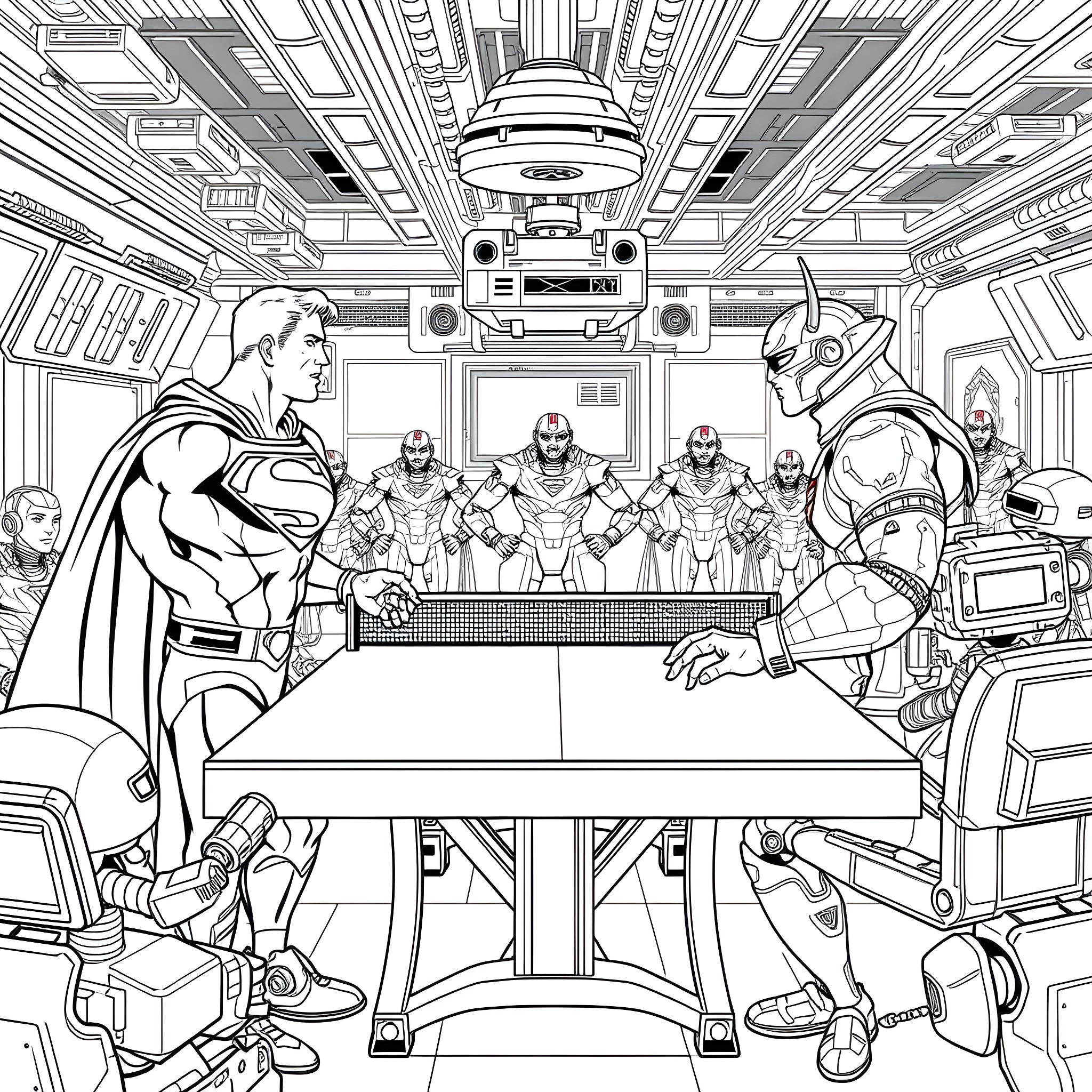Superman and superheroes meeting in futuristic command center Coloring Page (free black-and-white line drawing printable PDF for all, from beginners to advanced learners, including children, teens, adults, and seniors)