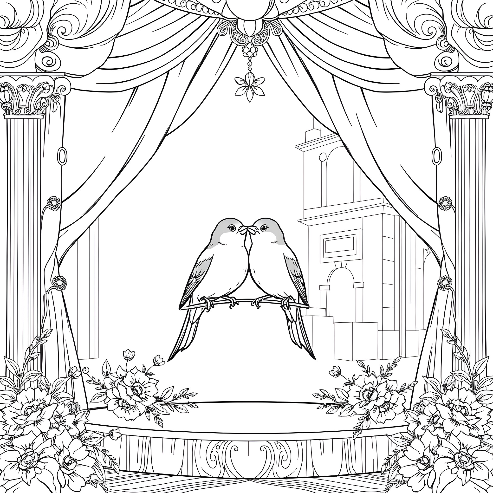 Love Birds Affectionately Perched in Ornate Backdrop Coloring Page (free black-and-white line drawing printable PDF for all, from beginners to advanced learners, including children, teens, adults, and seniors)