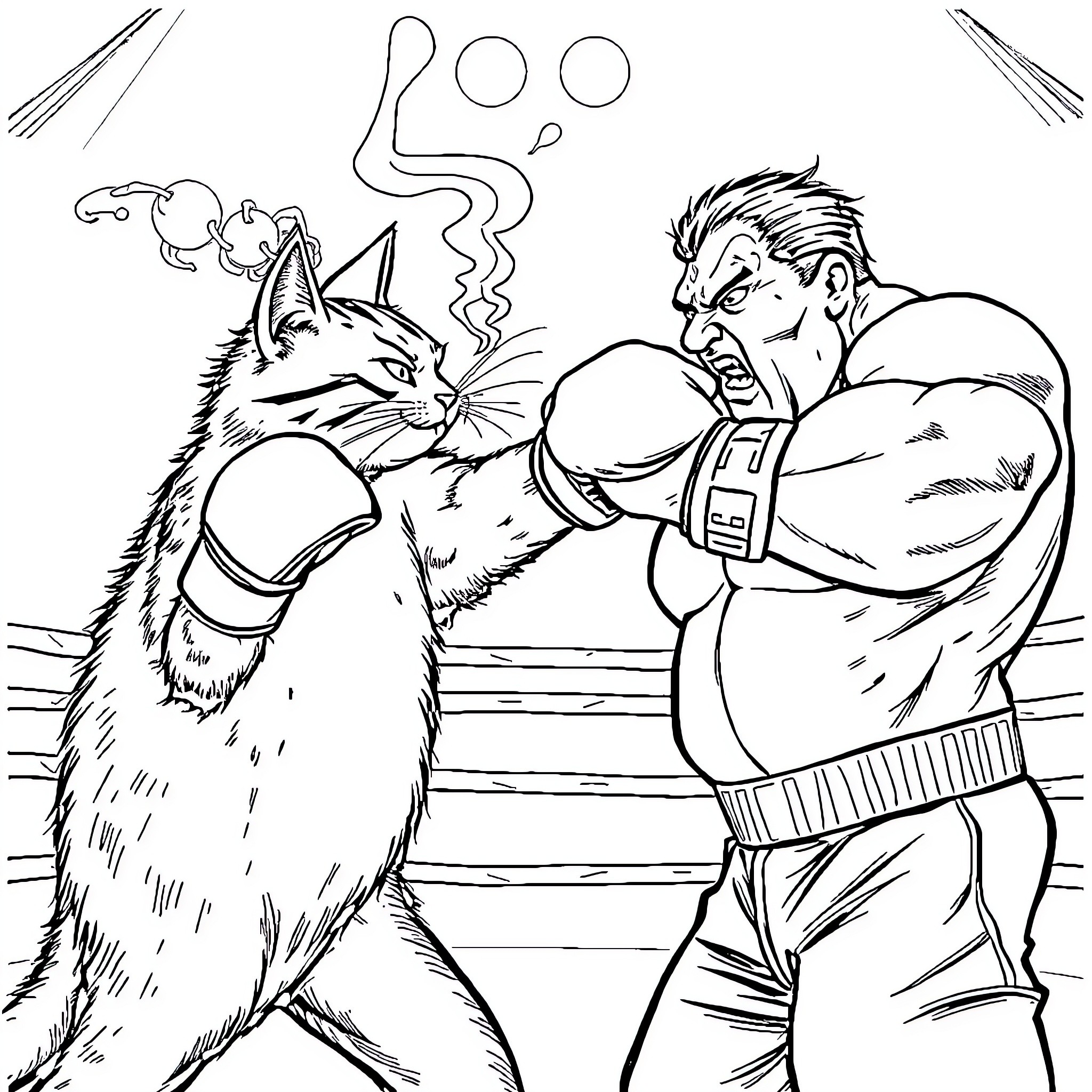Cat vs Muscular Man in Intense Confrontation Coloring Page (free black-and-white line drawing printable PDF for all, from beginners to advanced learners, including children, teens, adults, and seniors)