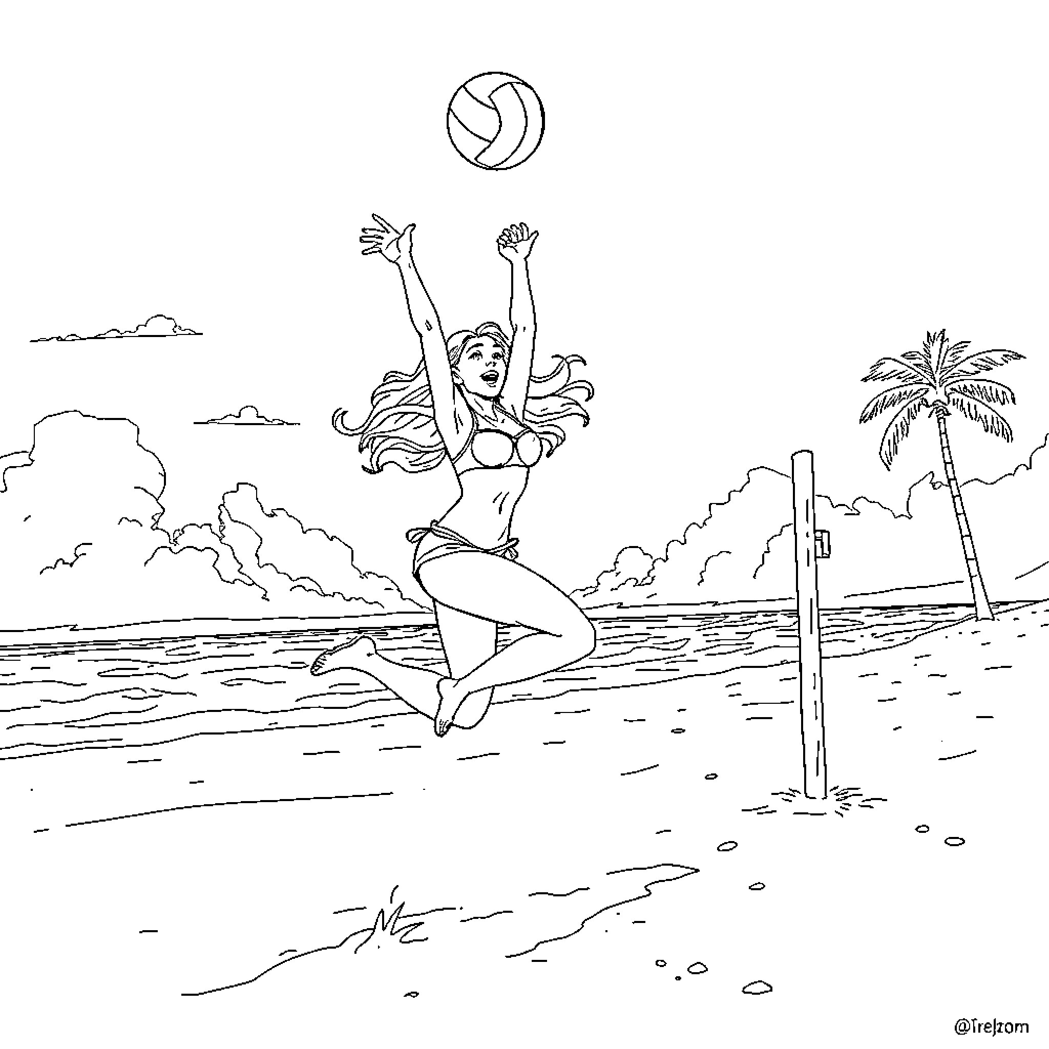 She-Ra playing volleyball at the beach Coloring Page (free black-and-white line drawing printable PDF for all, from beginners to advanced learners, including children, teens, adults, and seniors)
