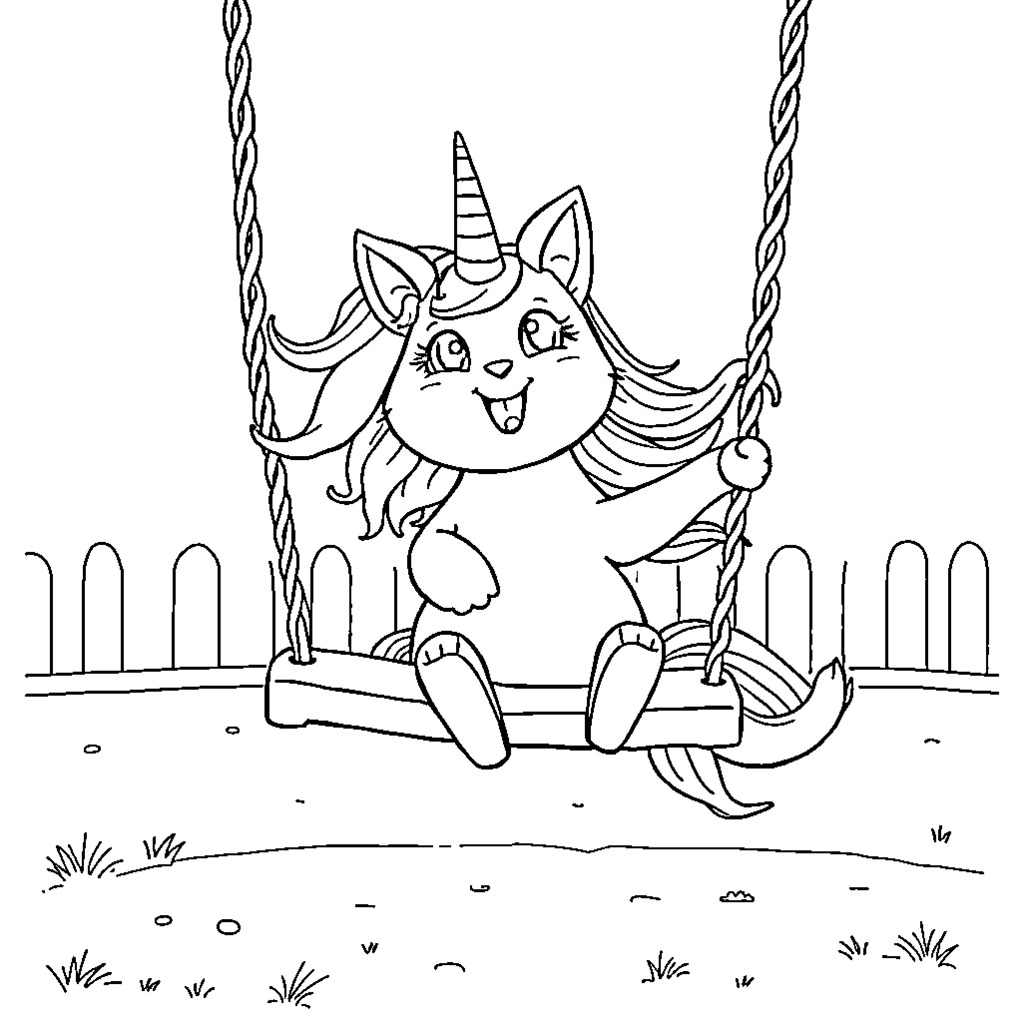 Unicorn Cat playing happily on a swing Coloring Page (free black-and-white line drawing printable PDF for all, from beginners to advanced learners, including children, teens, adults, and seniors)
