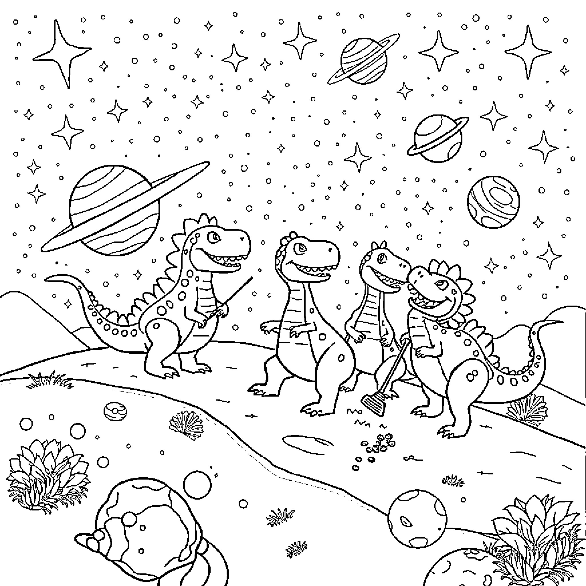 Dinosaurs exploring the cosmic landscape Coloring Page (free black-and-white line drawing printable PDF for all, from beginners to advanced learners, including children, teens, adults, and seniors)