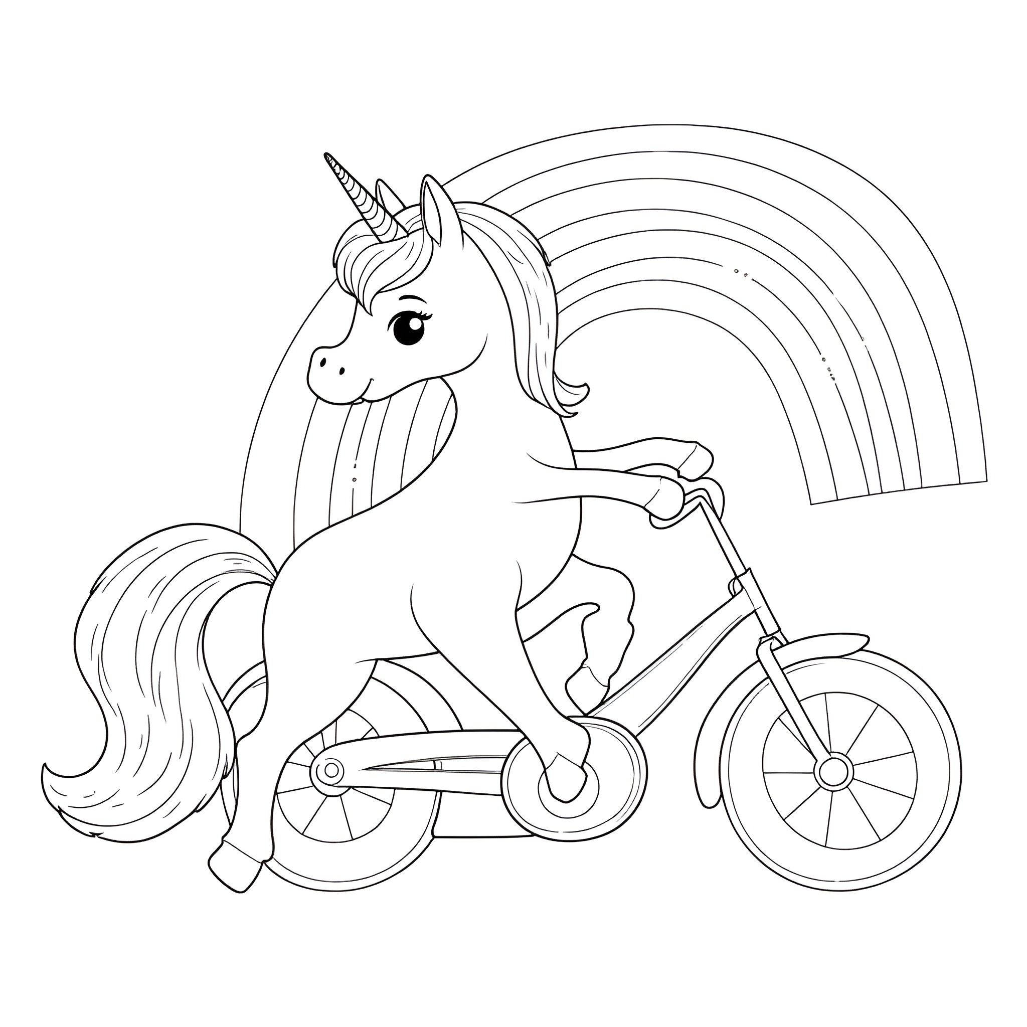 Unicorn riding a bicycle with a rainbow Coloring Page (free black-and-white line drawing printable PDF for all, from beginners to advanced learners, including children, teens, adults, and seniors)