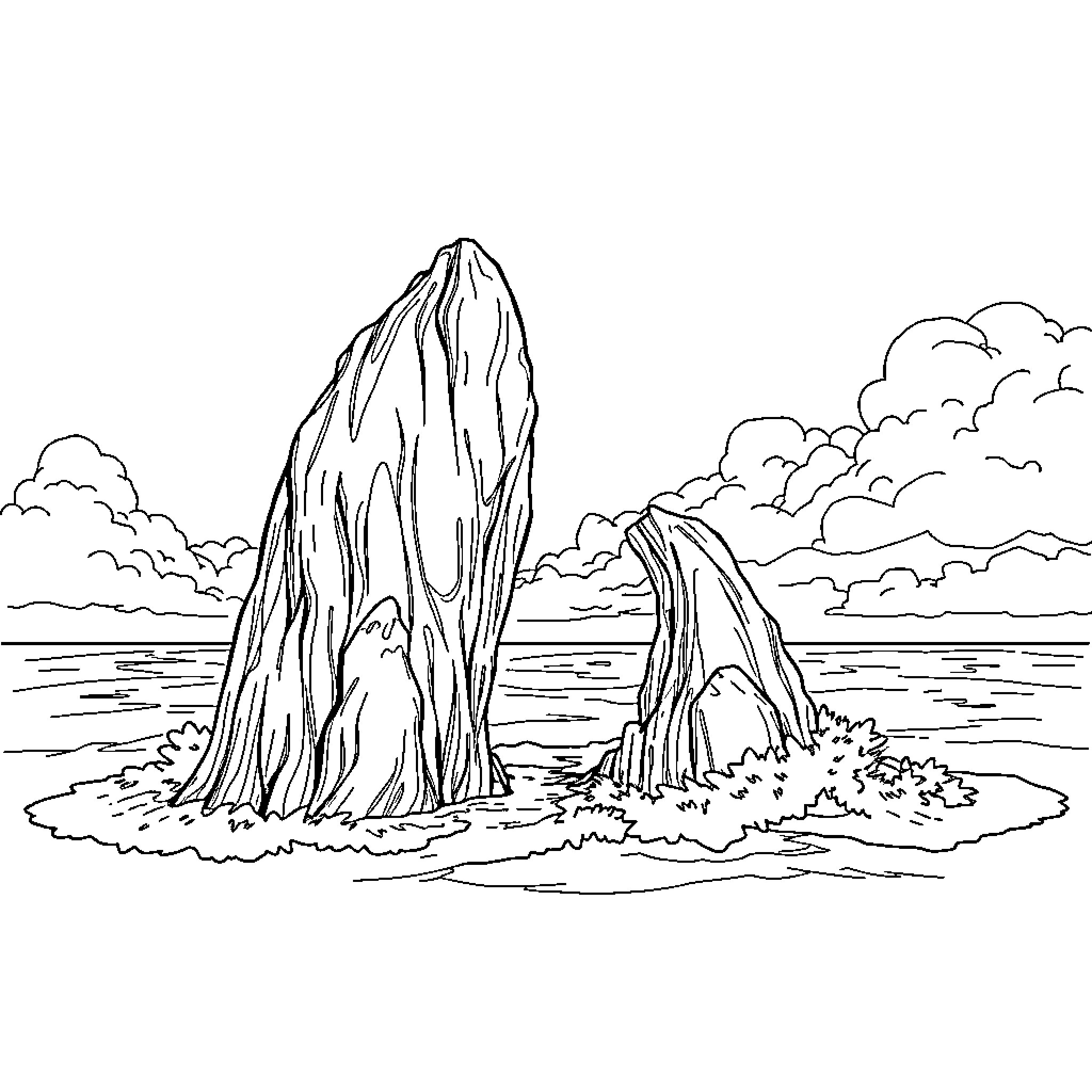 Bowfiddle Rock - Serene Island Landscape Coloring Page (free black-and-white line drawing printable PDF for all, from beginners to advanced learners, including children, teens, adults, and seniors)