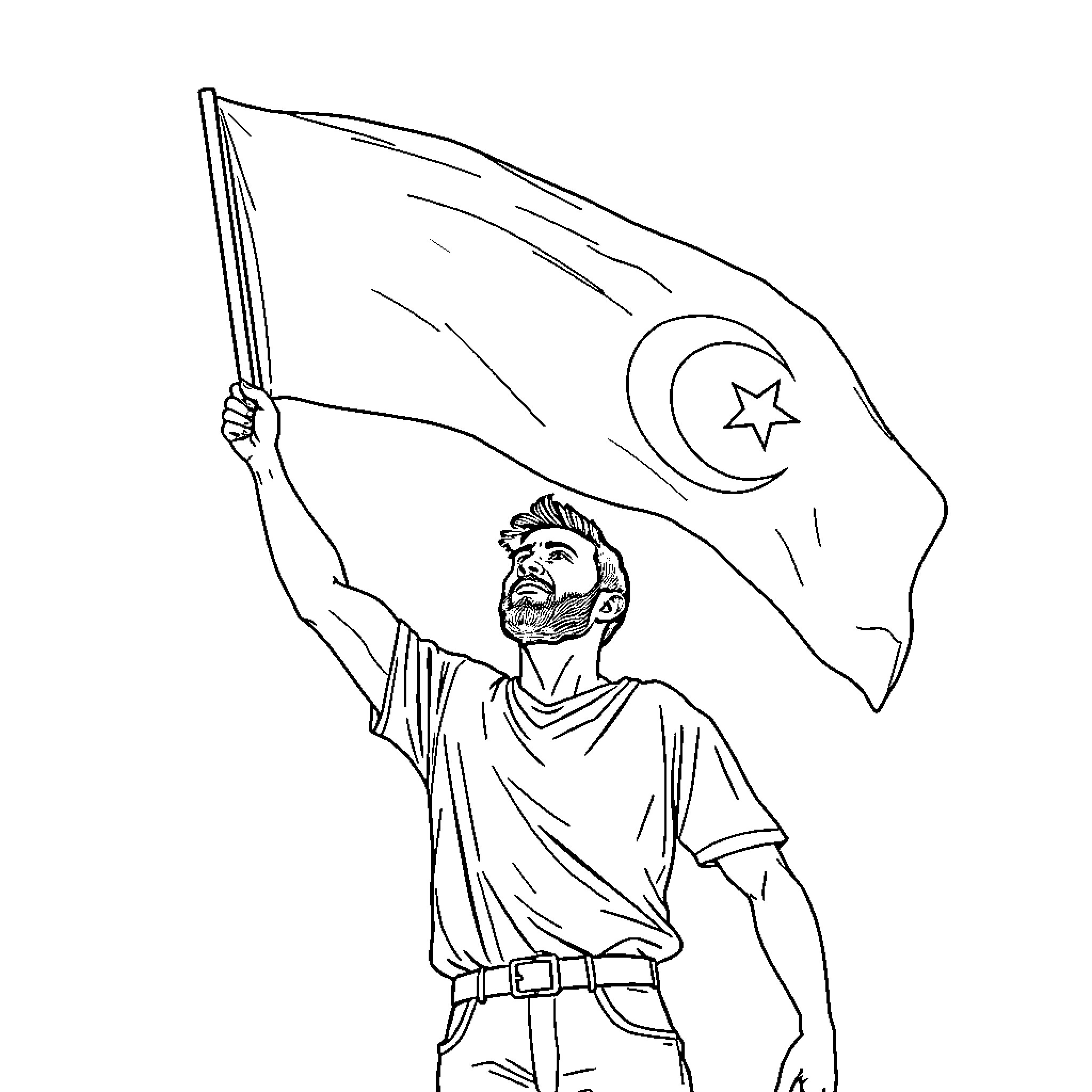 Man proudly waving national flag Coloring Page (free black-and-white line drawing printable PDF for all, from beginners to advanced learners, including children, teens, adults, and seniors)