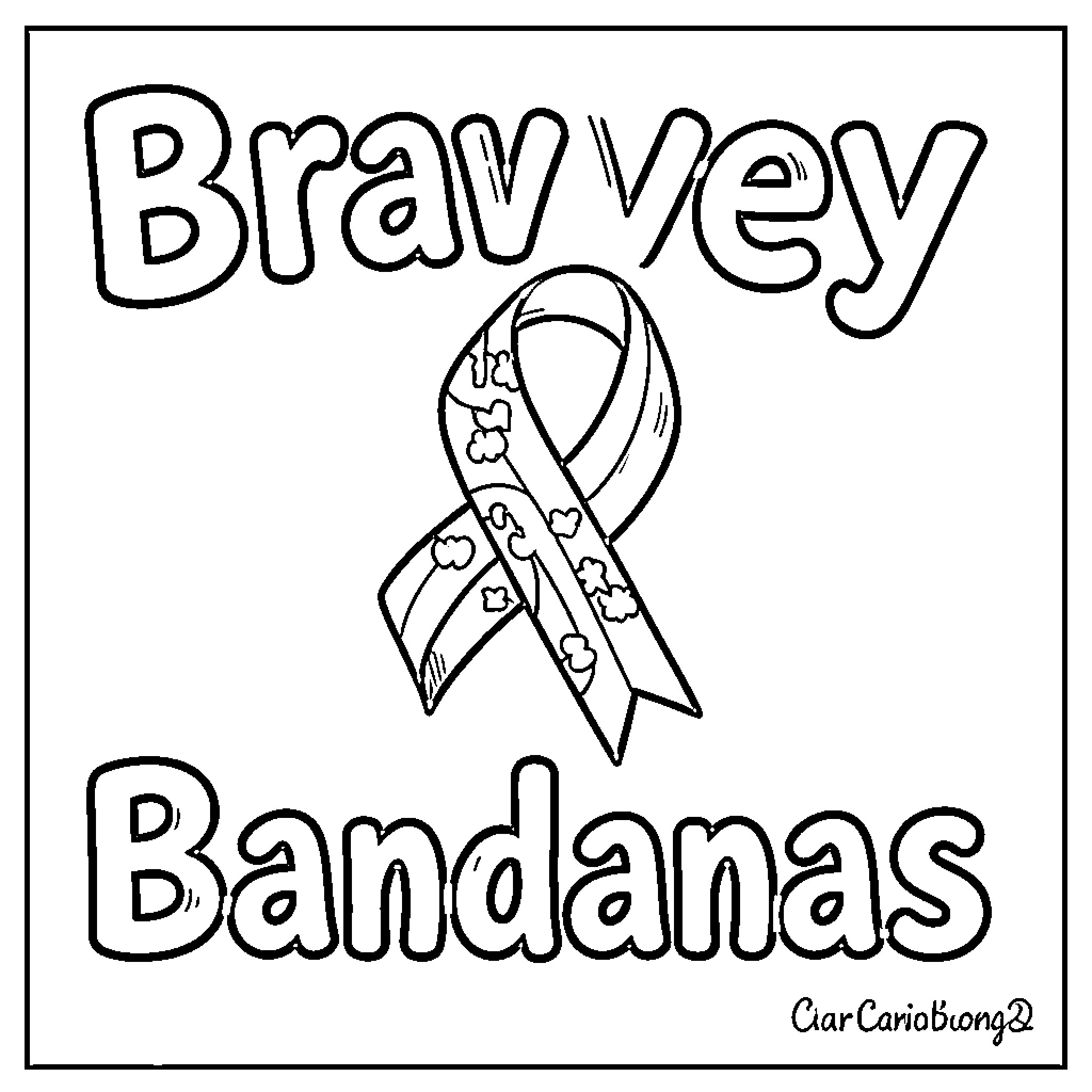 Bandana Ribbon Supporting Bravery Coloring Page (free black-and-white line drawing printable PDF for all, from beginners to advanced learners, including children, teens, adults, and seniors)