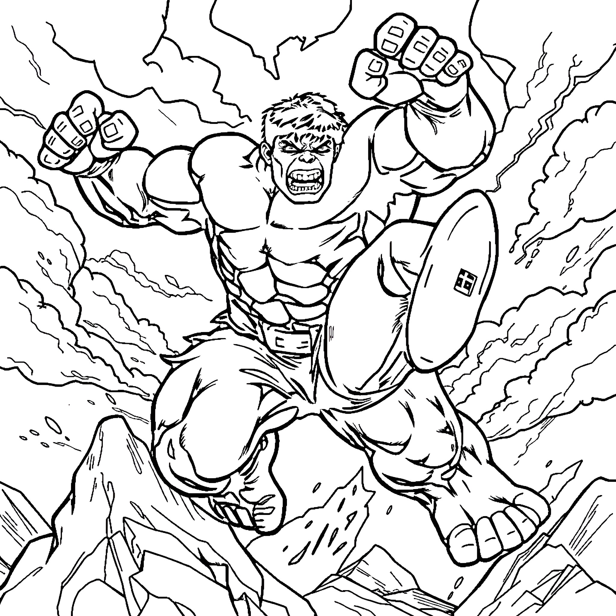 Hulk smashing through mountains with powerful fists Coloring Page (free black-and-white line drawing printable PDF for all, from beginners to advanced learners, including children, teens, adults, and seniors)