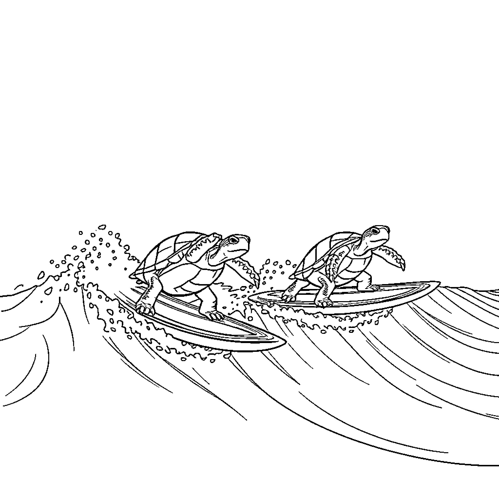 Turtle riding surfboard on ocean waves Coloring Page (free black-and-white line drawing printable PDF for all, from beginners to advanced learners, including children, teens, adults, and seniors)