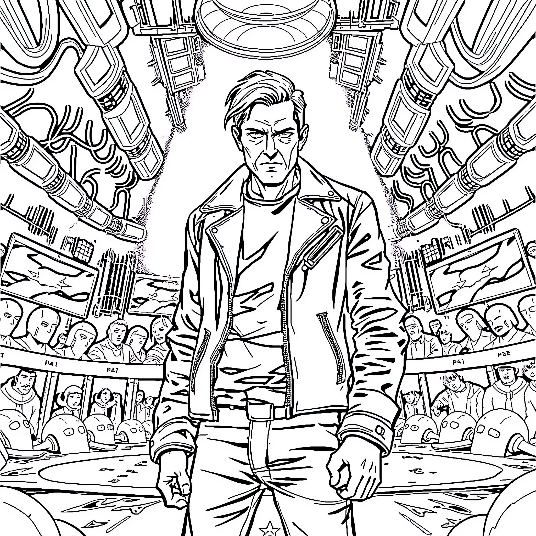 Michael Knight in an Action-Packed Sci-Fi Setting Coloring Page (free black-and-white line drawing printable PDF for all, from beginners to advanced learners, including children, teens, adults, and seniors)