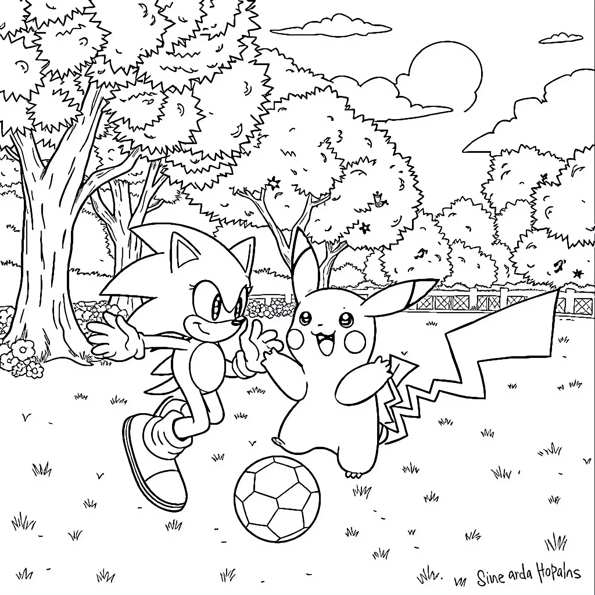 Sonic and friends playing joyfully in the forest Coloring Page (free black-and-white line drawing printable PDF for all, from beginners to advanced learners, including children, teens, adults, and seniors)