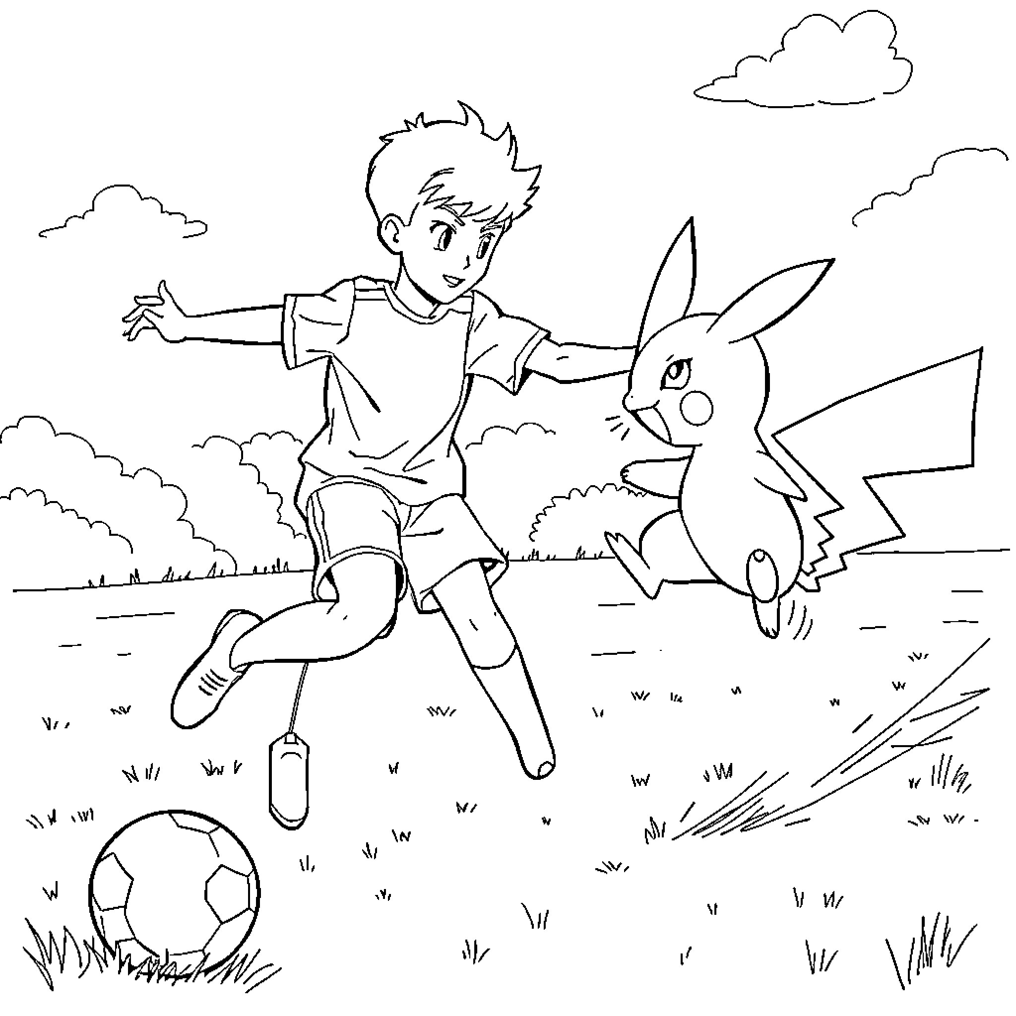 Boy chasing playful creature in field Coloring Page (free black-and-white line drawing printable PDF for all, from beginners to advanced learners, including children, teens, adults, and seniors)