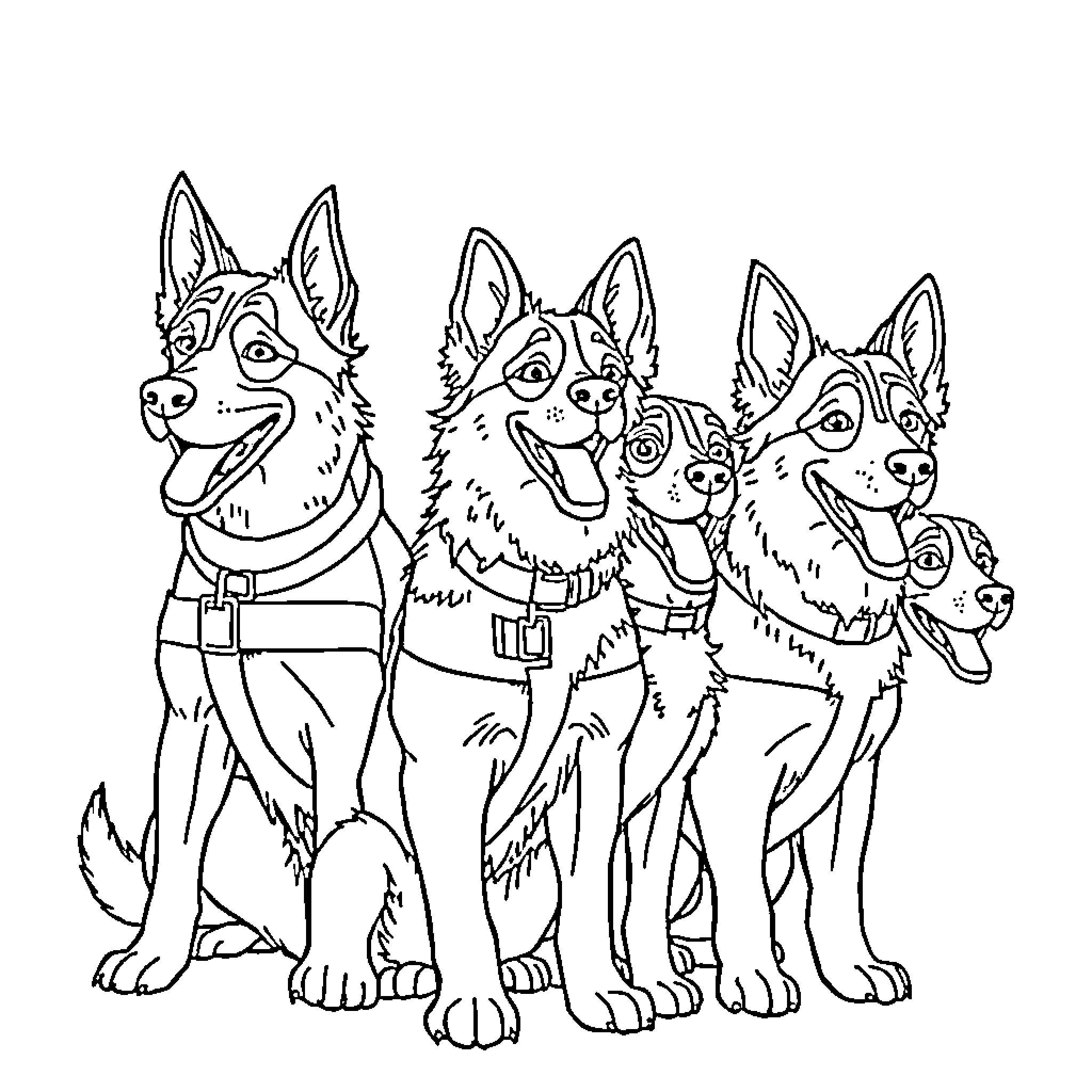 Paw Patrol team members posing together Coloring Page (free black-and-white line drawing printable PDF for all, from beginners to advanced learners, including children, teens, adults, and seniors)