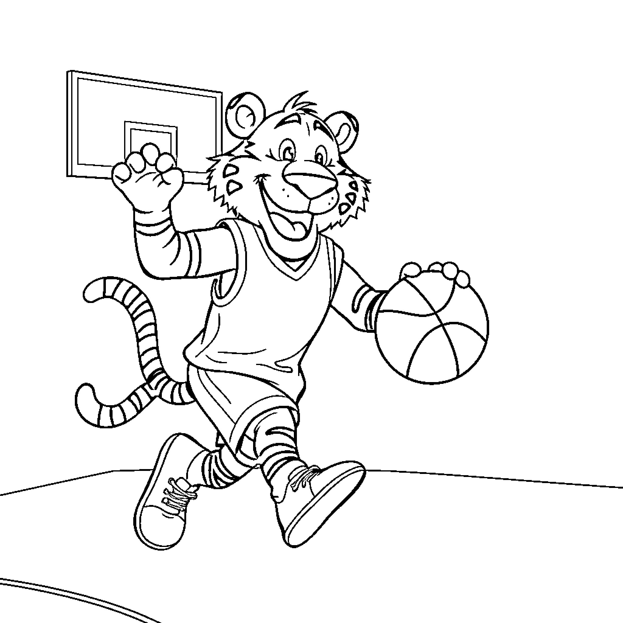 Mike the Tiger playing basketball happily Coloring Page (free black-and-white line drawing printable PDF for all, from beginners to advanced learners, including children, teens, adults, and seniors)