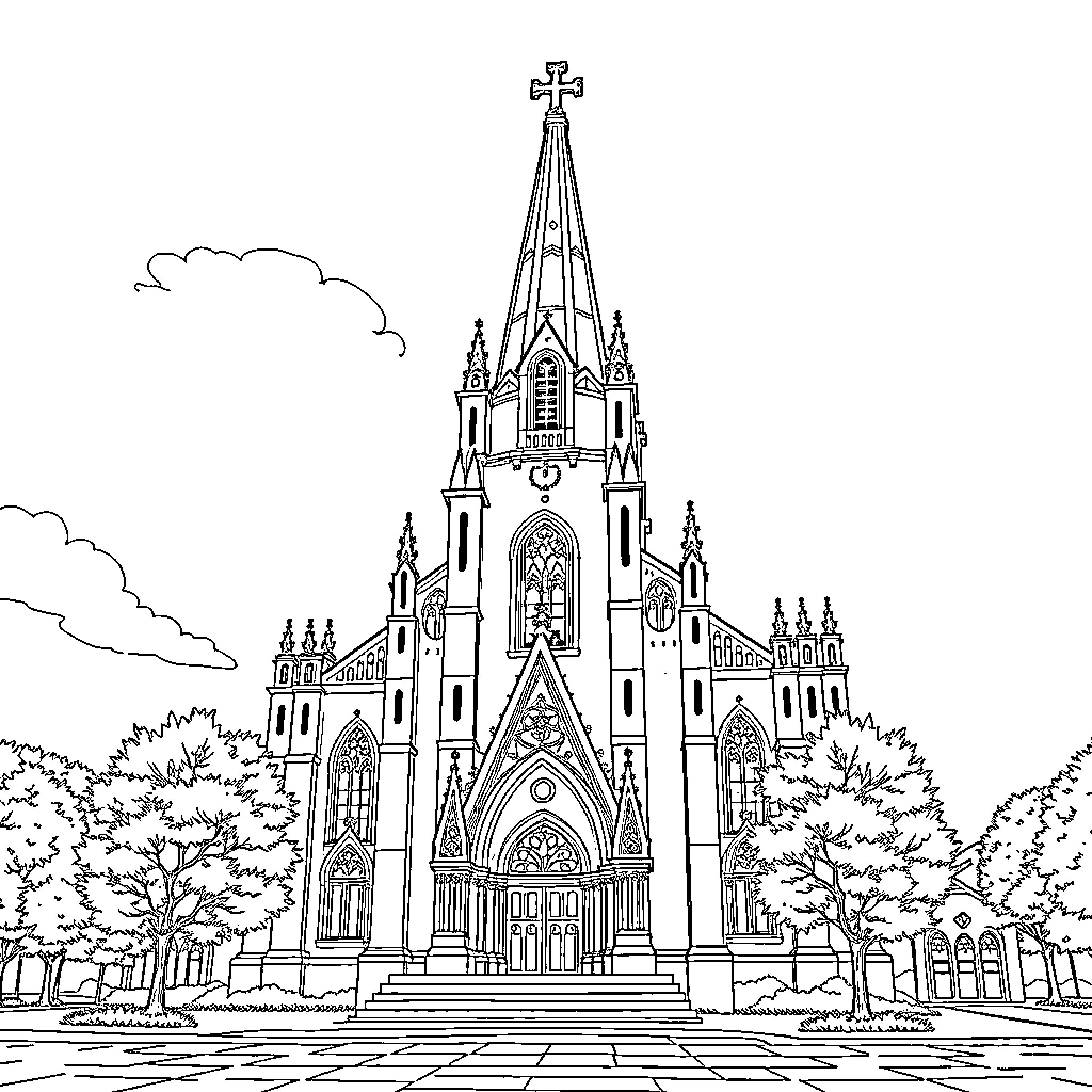 Church of Gothic Architecture with Spires and Arched Entrances Coloring Page (free black-and-white line drawing printable PDF for all, from beginners to advanced learners, including children, teens, adults, and seniors)