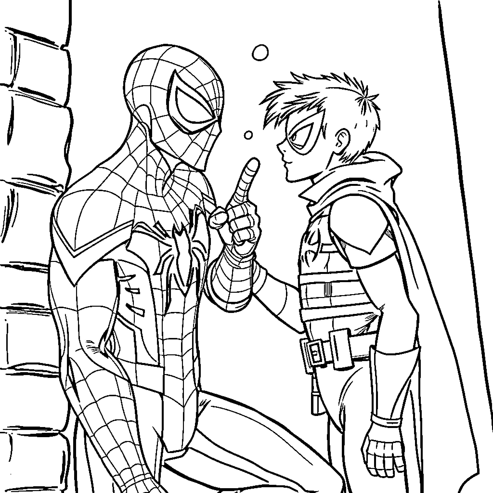 Spiderman giving a thumbs up to a young boy Coloring Page (free black-and-white line drawing printable PDF for all, from beginners to advanced learners, including children, teens, adults, and seniors)