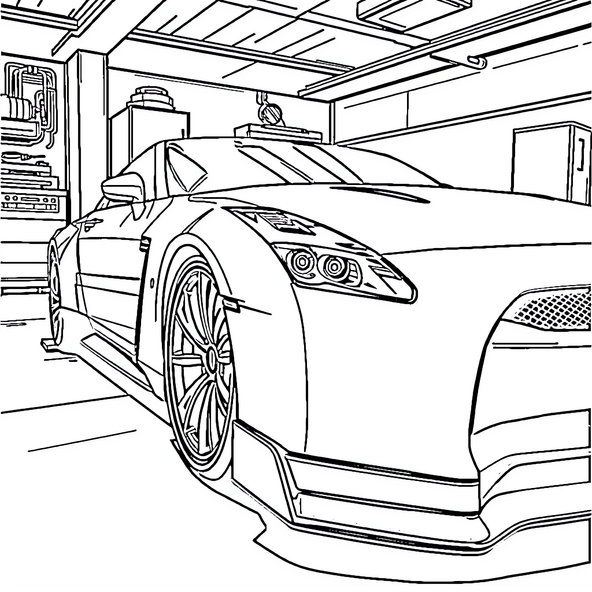 Gtr sports car in garage workshop Coloring Page (free black-and-white line drawing printable PDF for all, from beginners to advanced learners, including children, teens, adults, and seniors)