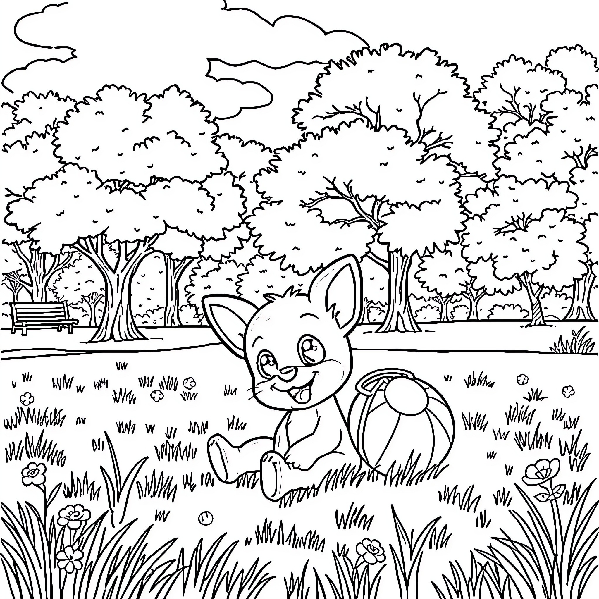 Bluey exploring a lush forest landscape Coloring Page (free black-and-white line drawing printable PDF for all, from beginners to advanced learners, including children, teens, adults, and seniors)