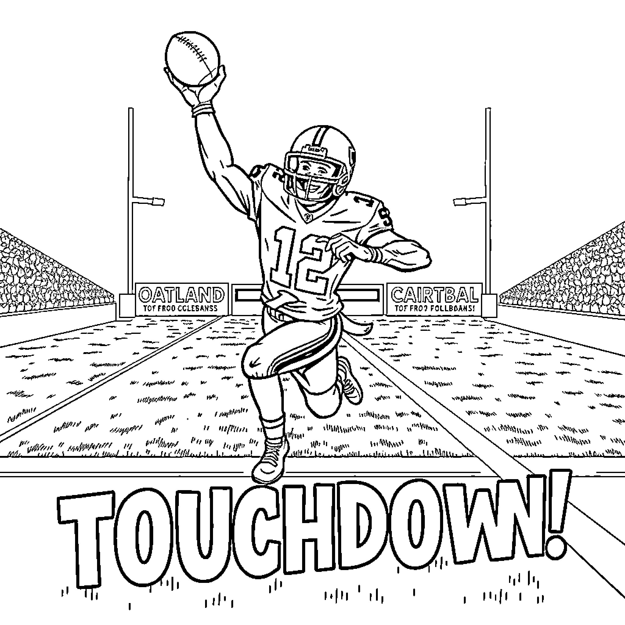 Football Player Celebrating Touchdown in the Stadium Coloring Page (free black-and-white line drawing printable PDF for all, from beginners to advanced learners, including children, teens, adults, and seniors)