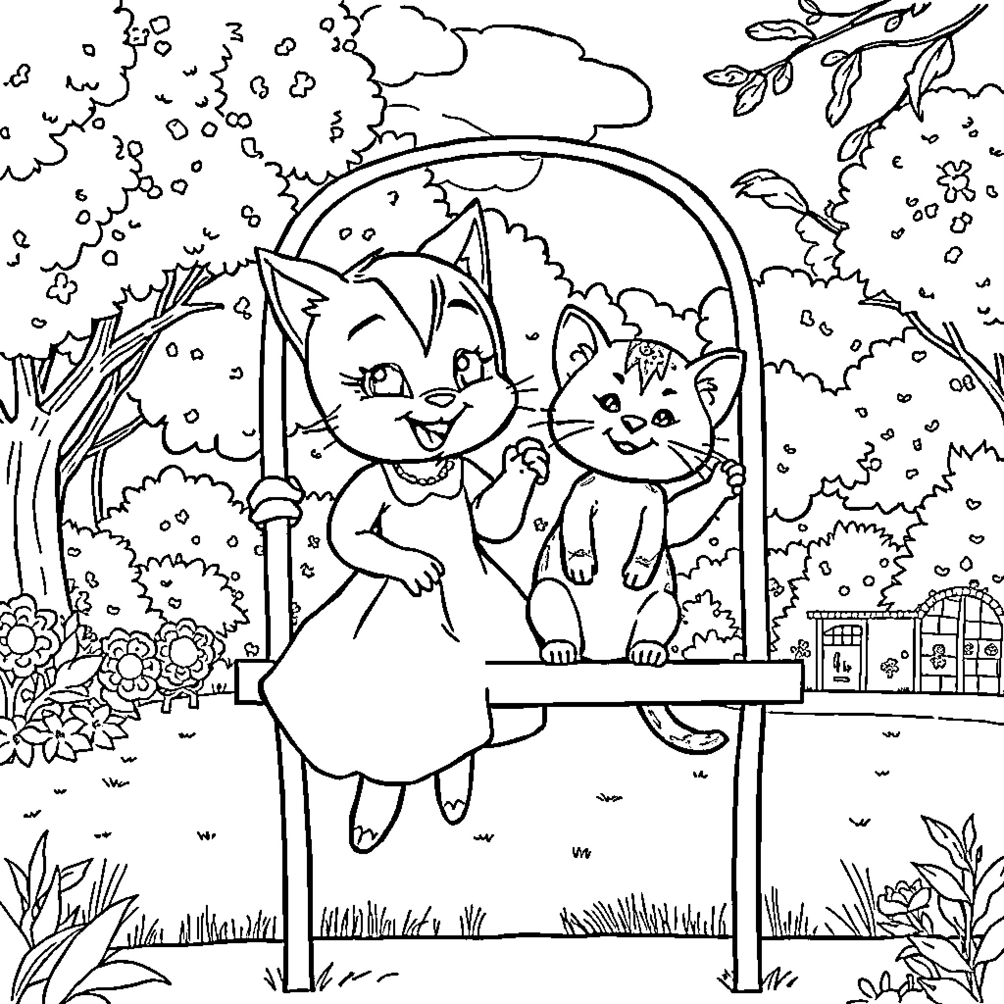 Mouse siblings enjoying a swing in nature Coloring Page (free black-and-white line drawing printable PDF for all, from beginners to advanced learners, including children, teens, adults, and seniors)