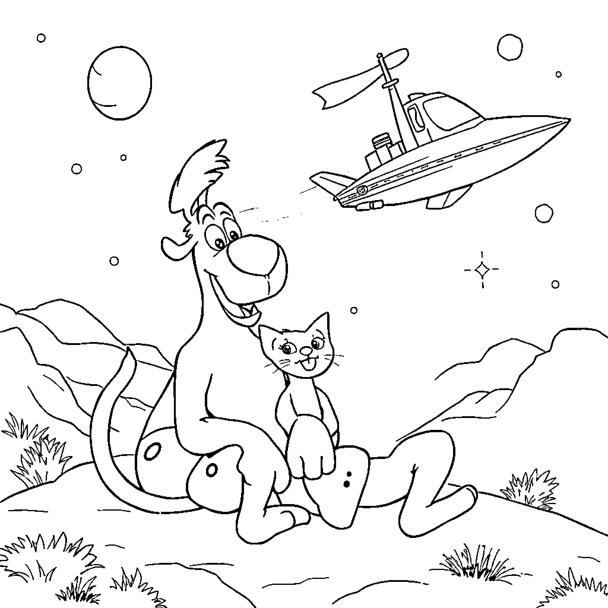 Alf and his cat friend explore outer space Coloring Page (free black-and-white line drawing printable PDF for all, from beginners to advanced learners, including children, teens, adults, and seniors)