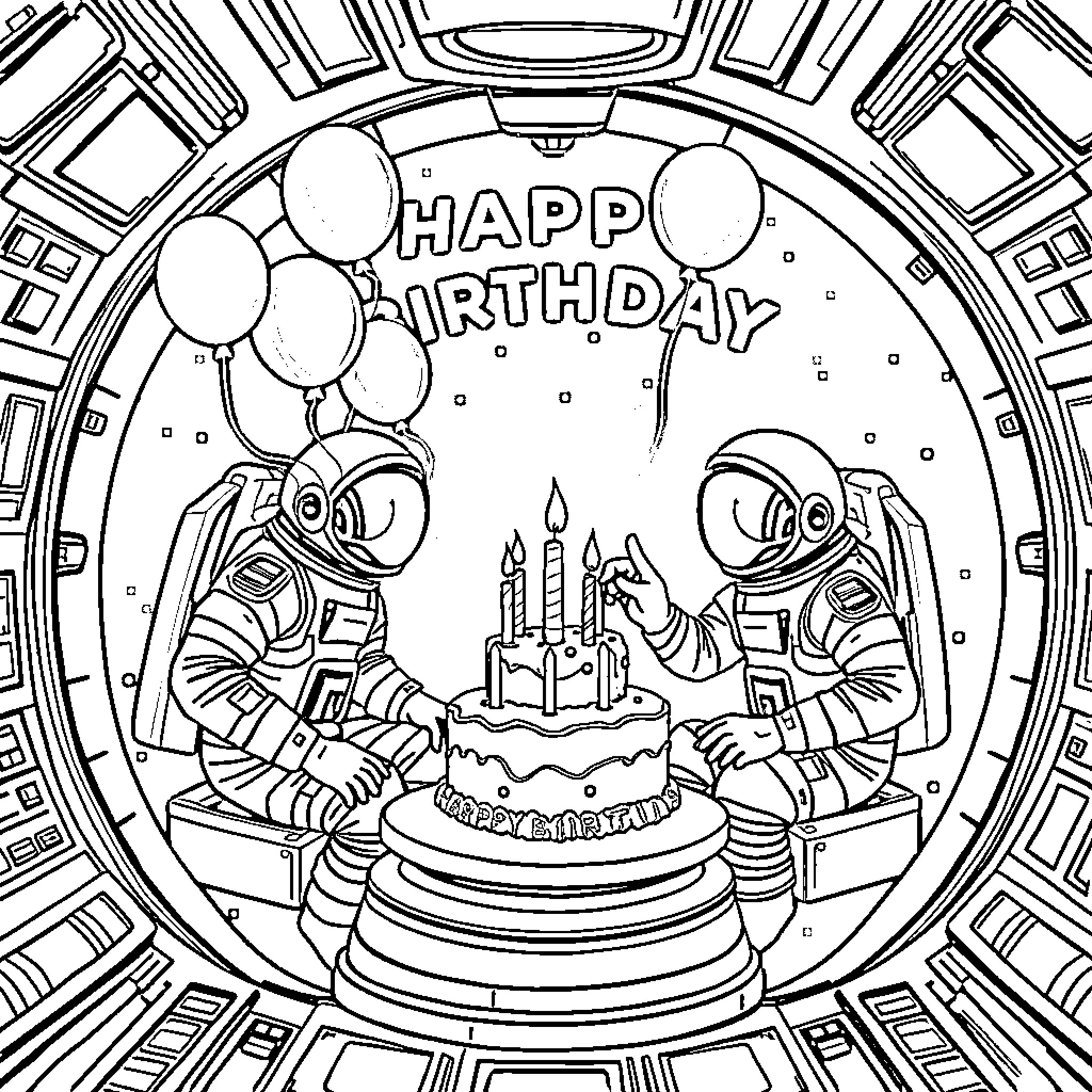 Astronauts Celebrating Birthday in Space Station Coloring Page (free black-and-white line drawing printable PDF for all, from beginners to advanced learners, including children, teens, adults, and seniors)