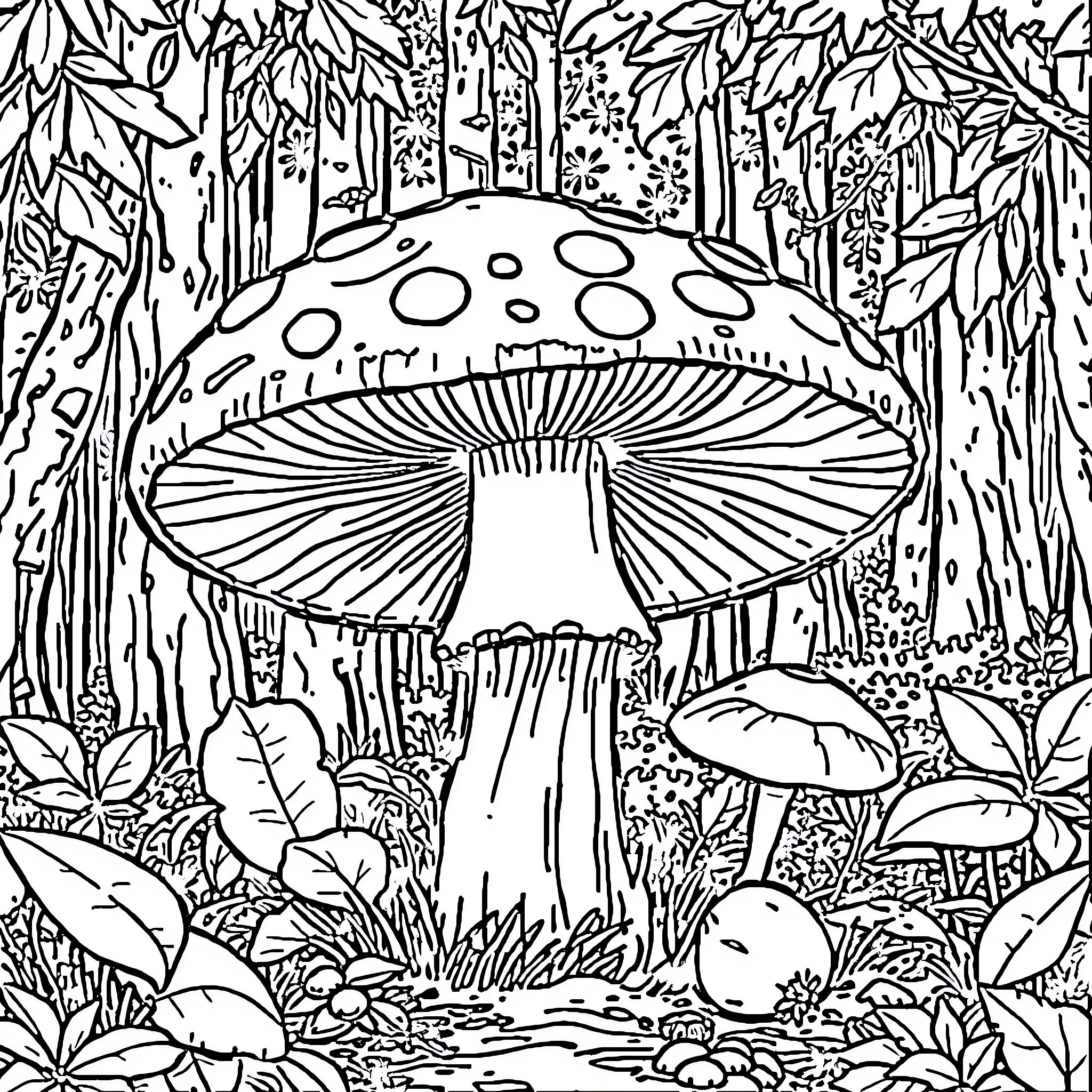 Mushroom forest scene with intricate details Coloring Page (free black-and-white line drawing printable PDF for all, from beginners to advanced learners, including children, teens, adults, and seniors)