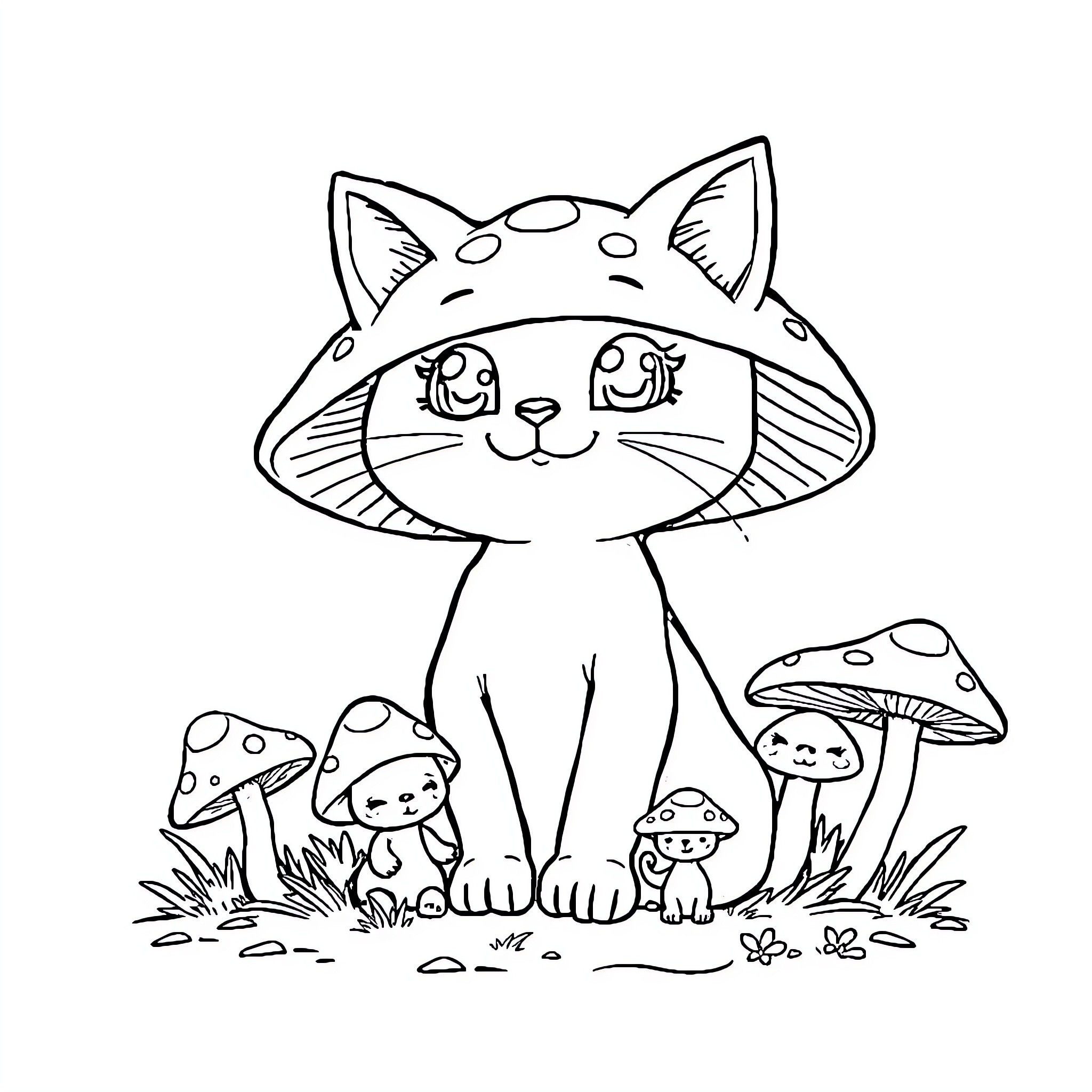 Mushroom Cat's Whimsical Adventure Coloring Page (free black-and-white line drawing printable PDF for all, from beginners to advanced learners, including children, teens, adults, and seniors)