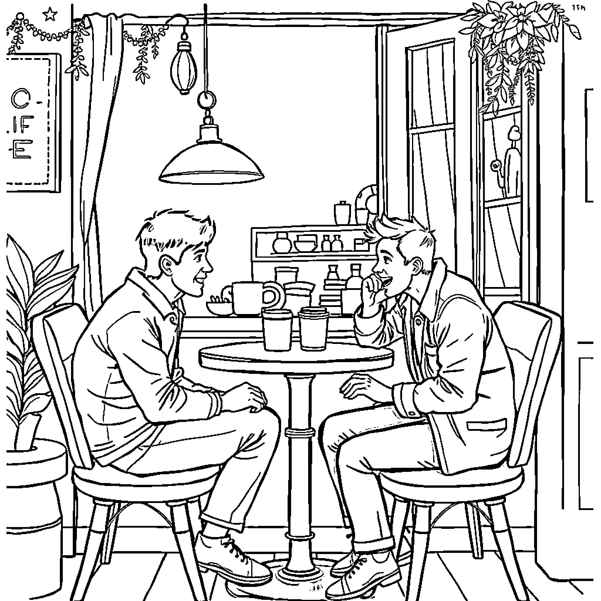 Ben et Oli having a conversation in the cozy kitchen Coloring Page (free black-and-white line drawing printable PDF for all, from beginners to advanced learners, including children, teens, adults, and seniors)