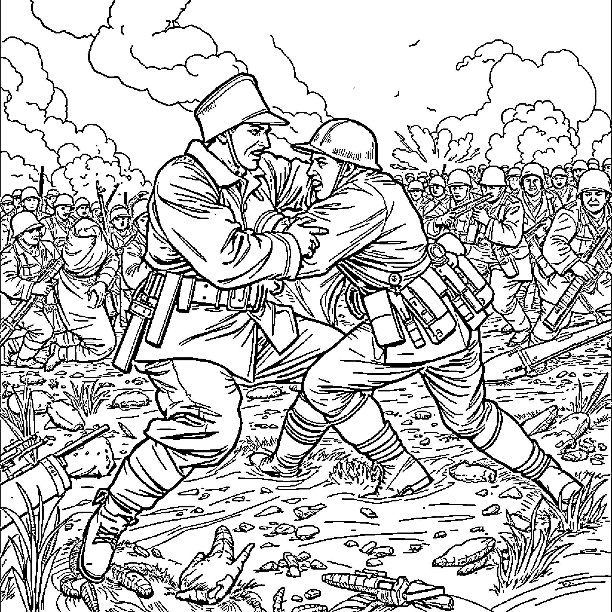 Soldier Engaging in Battle with Artillery Coloring Page (free black-and-white line drawing printable PDF for all, from beginners to advanced learners, including children, teens, adults, and seniors)