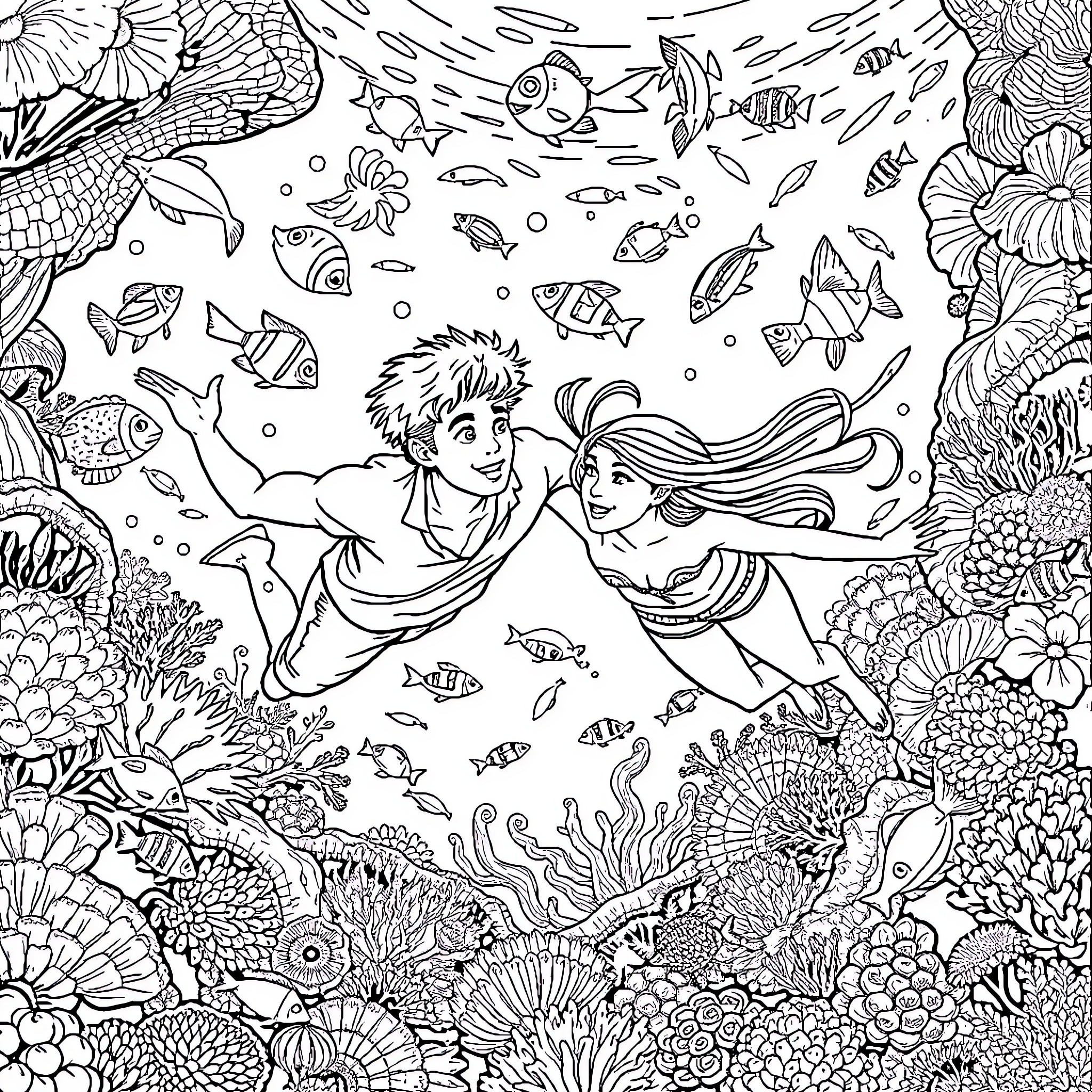 Percy Jackson's underwater adventure with a mermaid companion Coloring Page (free black-and-white line drawing printable PDF for all, from beginners to advanced learners, including children, teens, adults, and seniors)