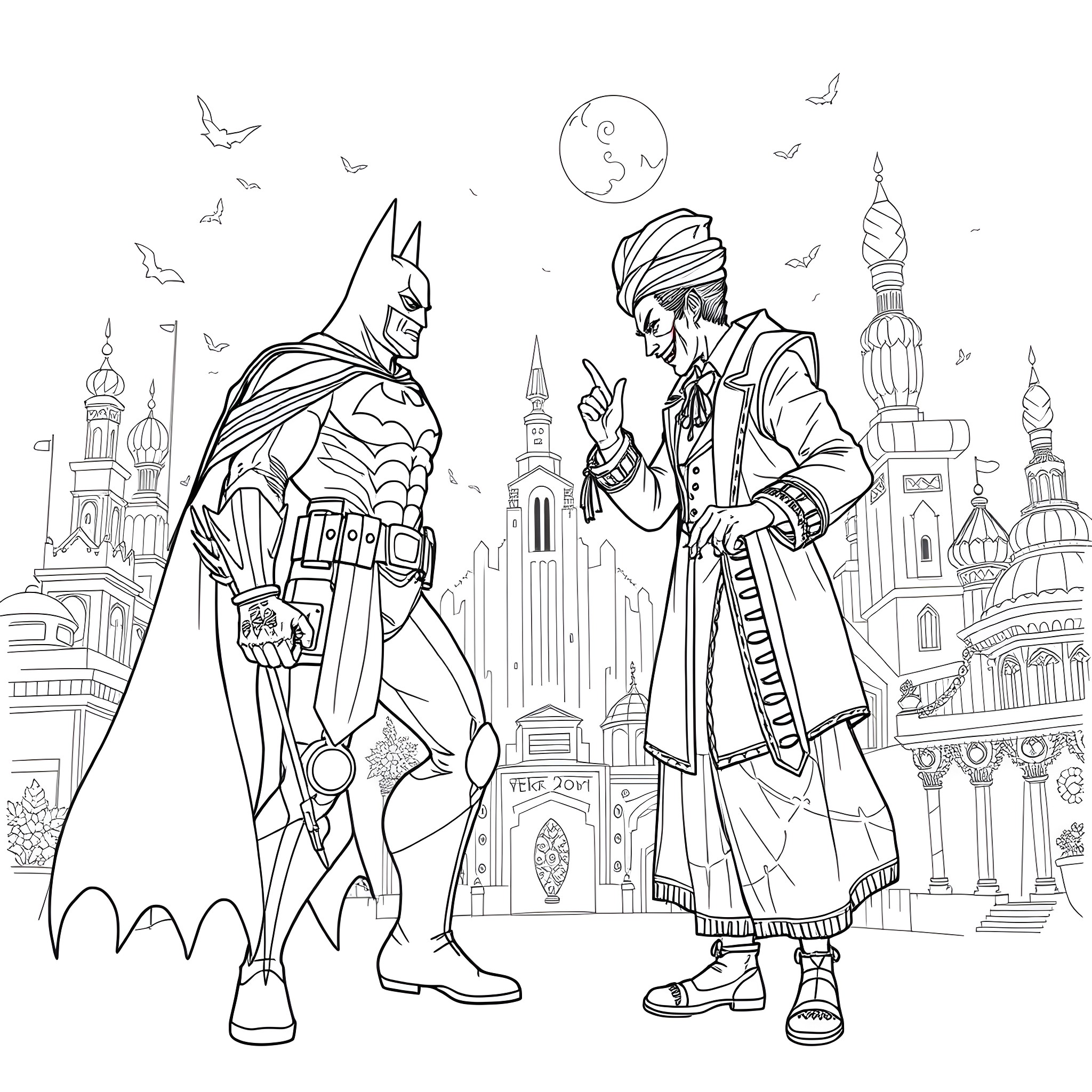 Joker and Batman confronting in a fantastical city Coloring Page (free black-and-white line drawing printable PDF for all, from beginners to advanced learners, including children, teens, adults, and seniors)