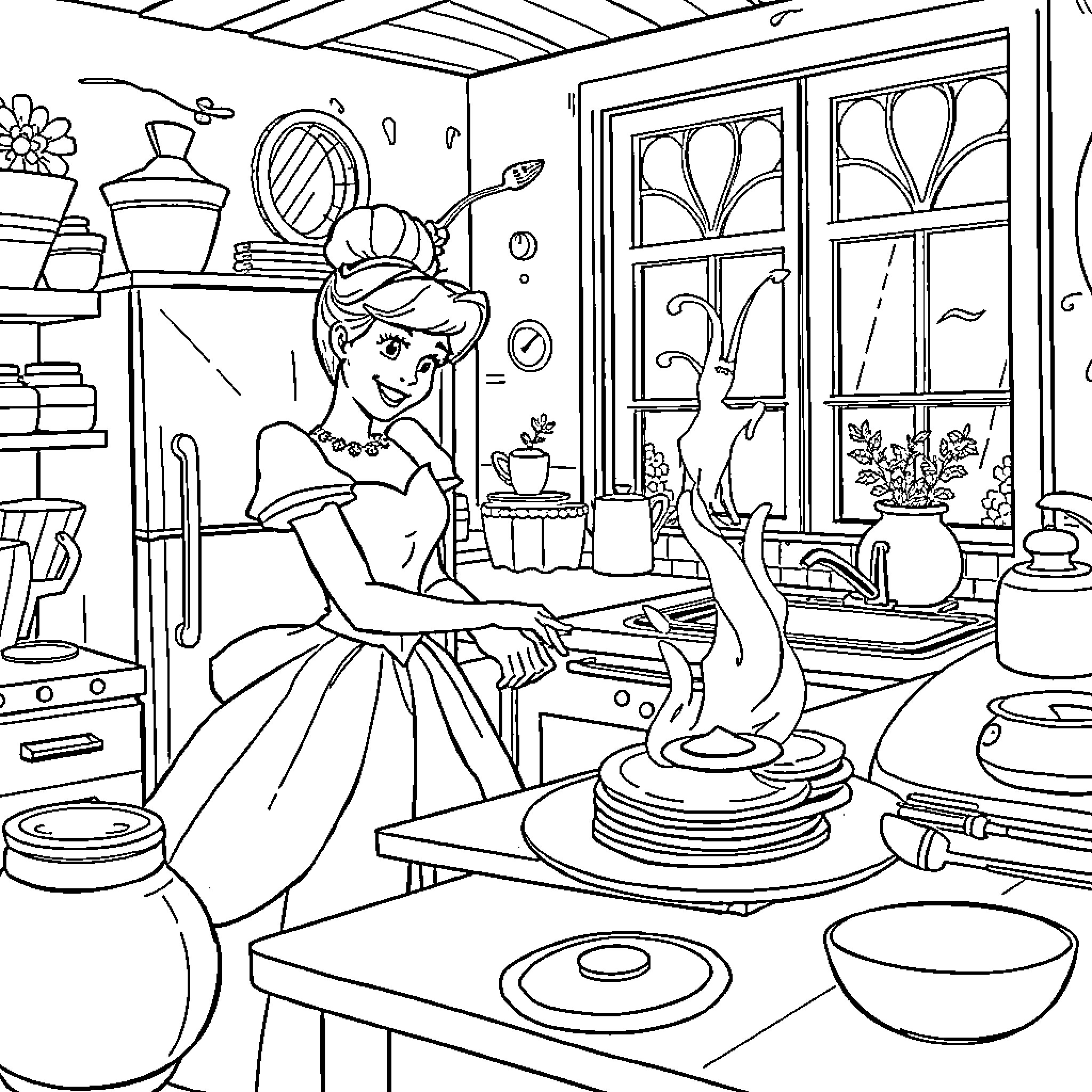 Cinderella baking in the kitchen with magical elements Coloring Page (free black-and-white line drawing printable PDF for all, from beginners to advanced learners, including children, teens, adults, and seniors)