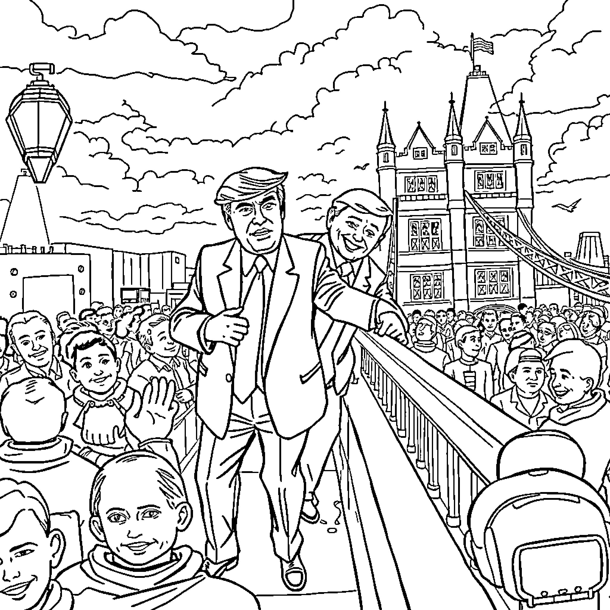 Donald Trump Greeting Supporters in Front of Castle Coloring Page (free black-and-white line drawing printable PDF for all, from beginners to advanced learners, including children, teens, adults, and seniors)